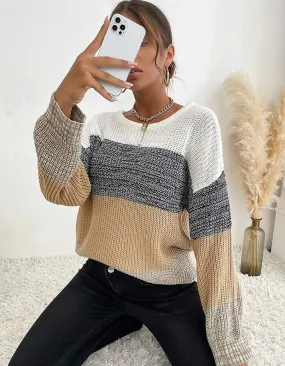 Solid-color Round Neck Loose Long Sleeve Knit Top