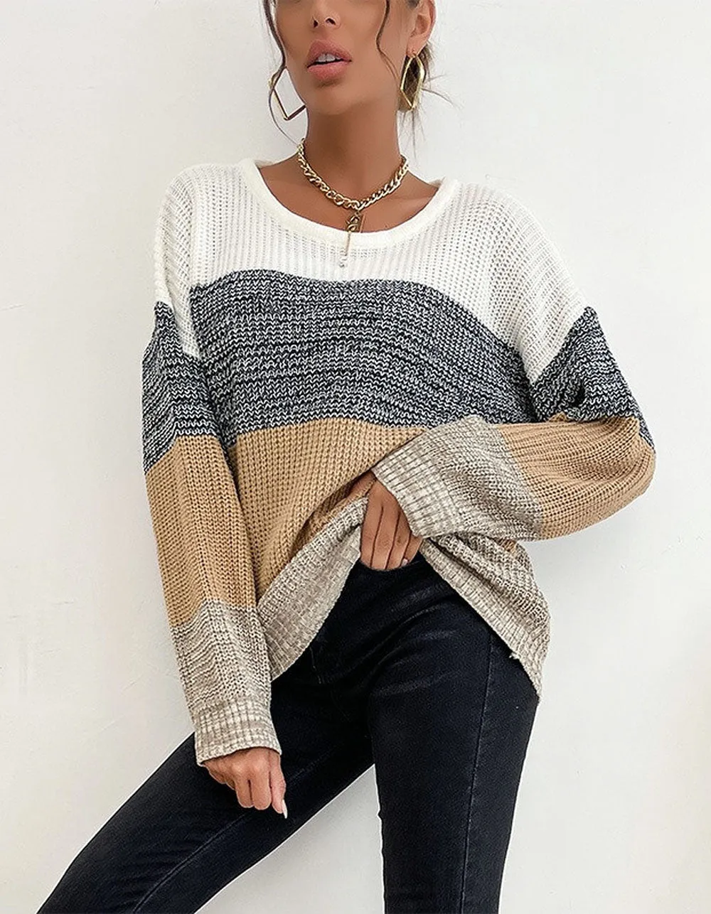 Solid-color Round Neck Loose Long Sleeve Knit Top