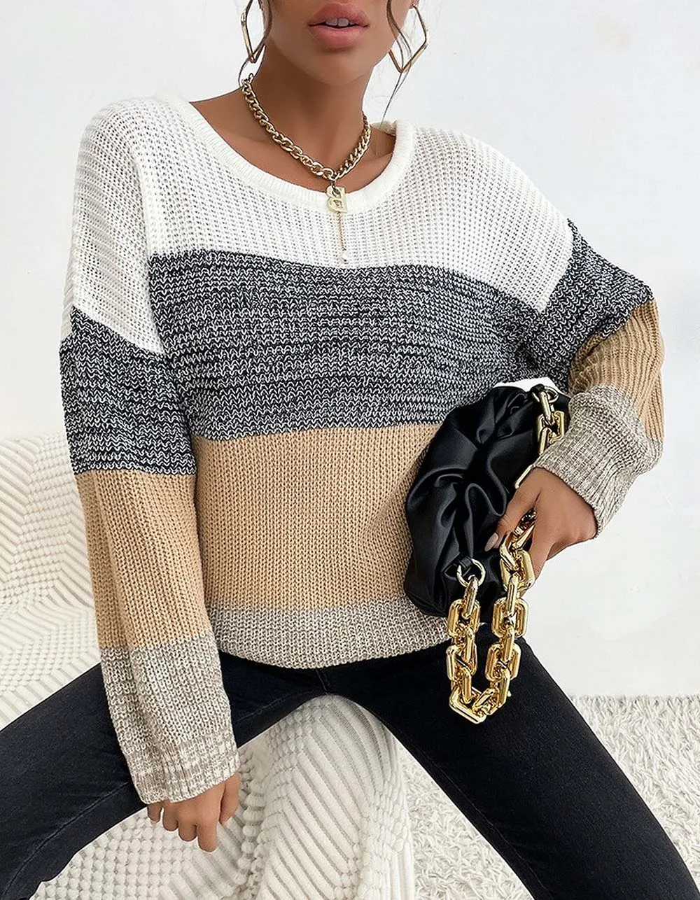 Solid-color Round Neck Loose Long Sleeve Knit Top