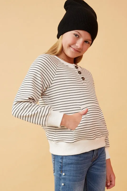 Striped Kangaroo Pocket Knit Long Sleeve Henley