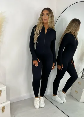 Strong Attraction Ribbed High Neck Zip Front Unitard - Black