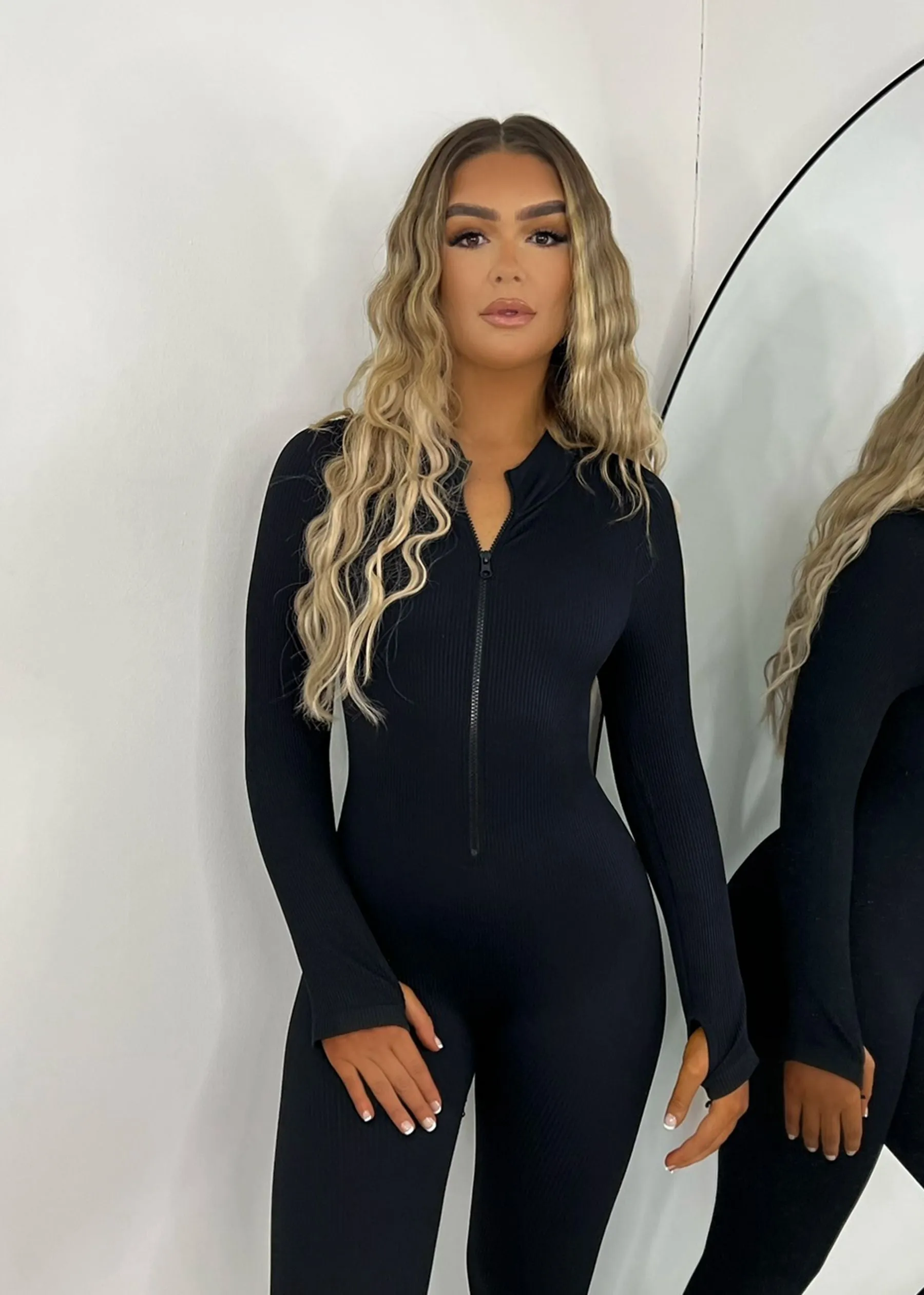 Strong Attraction Ribbed High Neck Zip Front Unitard - Black