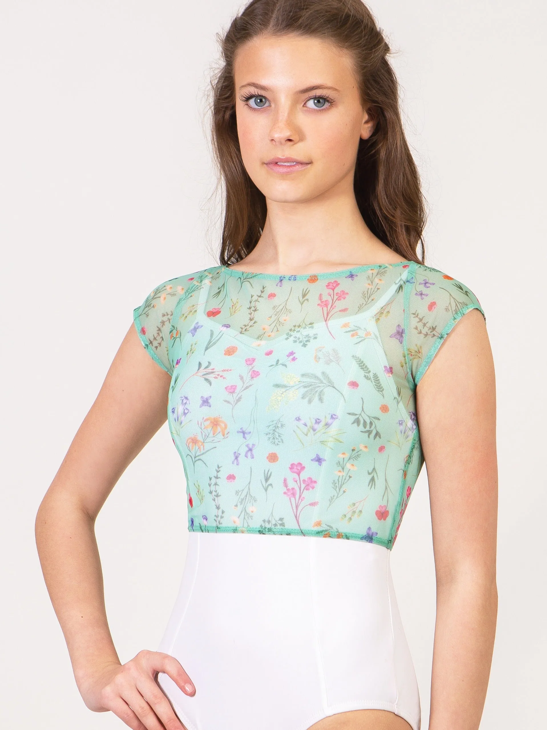 Suffolk "Garden" Mesh Cap Sleeve Crop Top