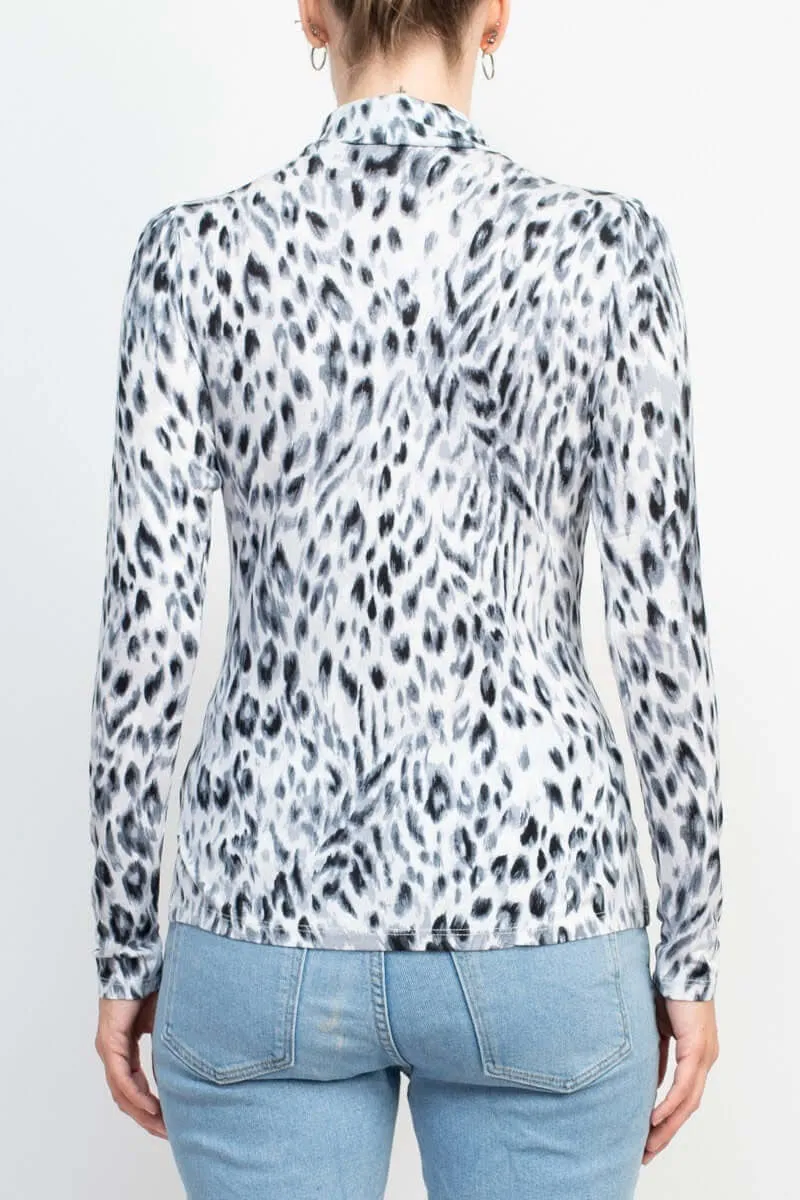 T Tahari High Neck Long Sleeve Animal Print Knit Top