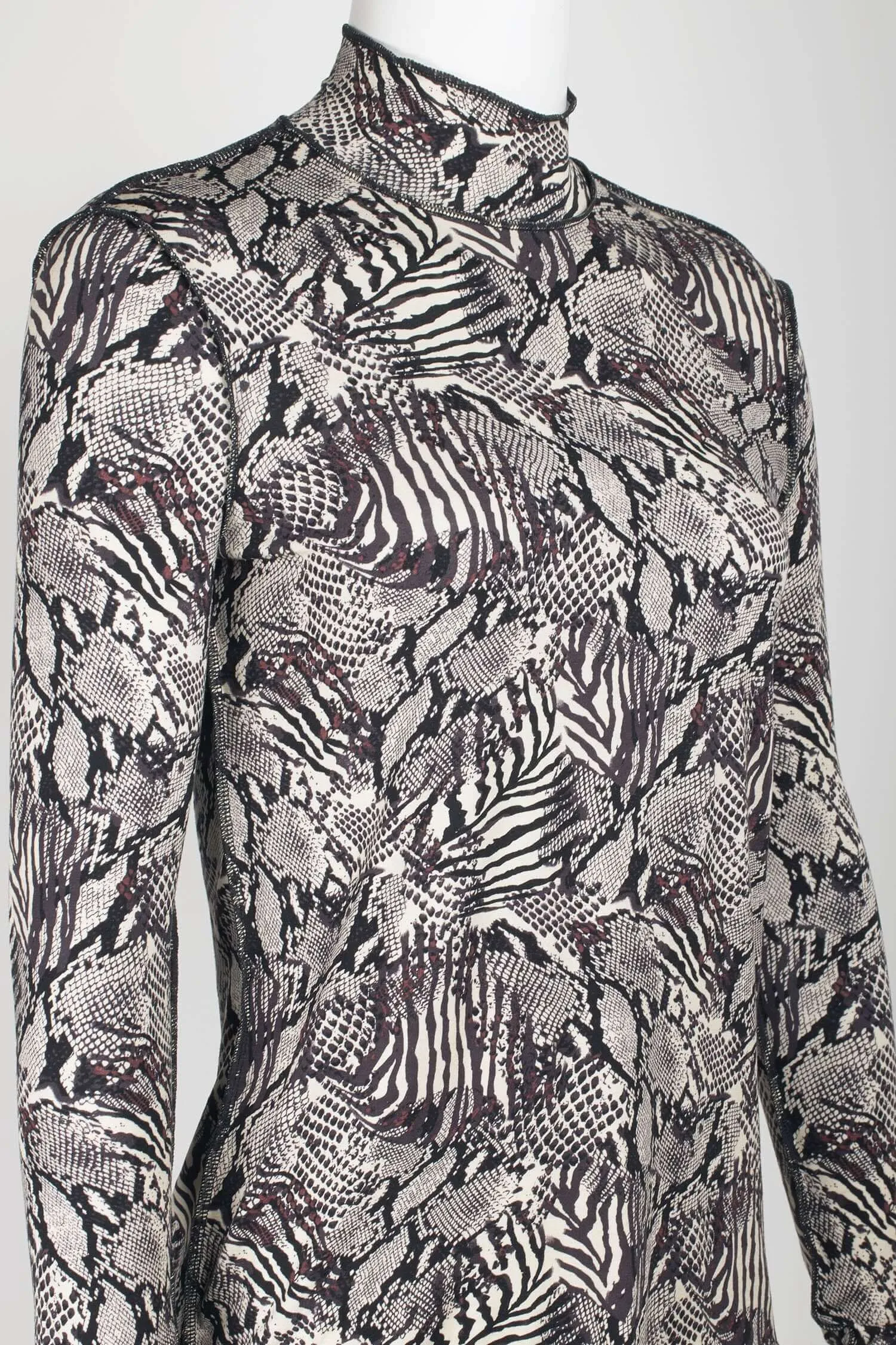 T Tahari High Neck Long Sleeve Outside Stitching Multi Print Knit Top