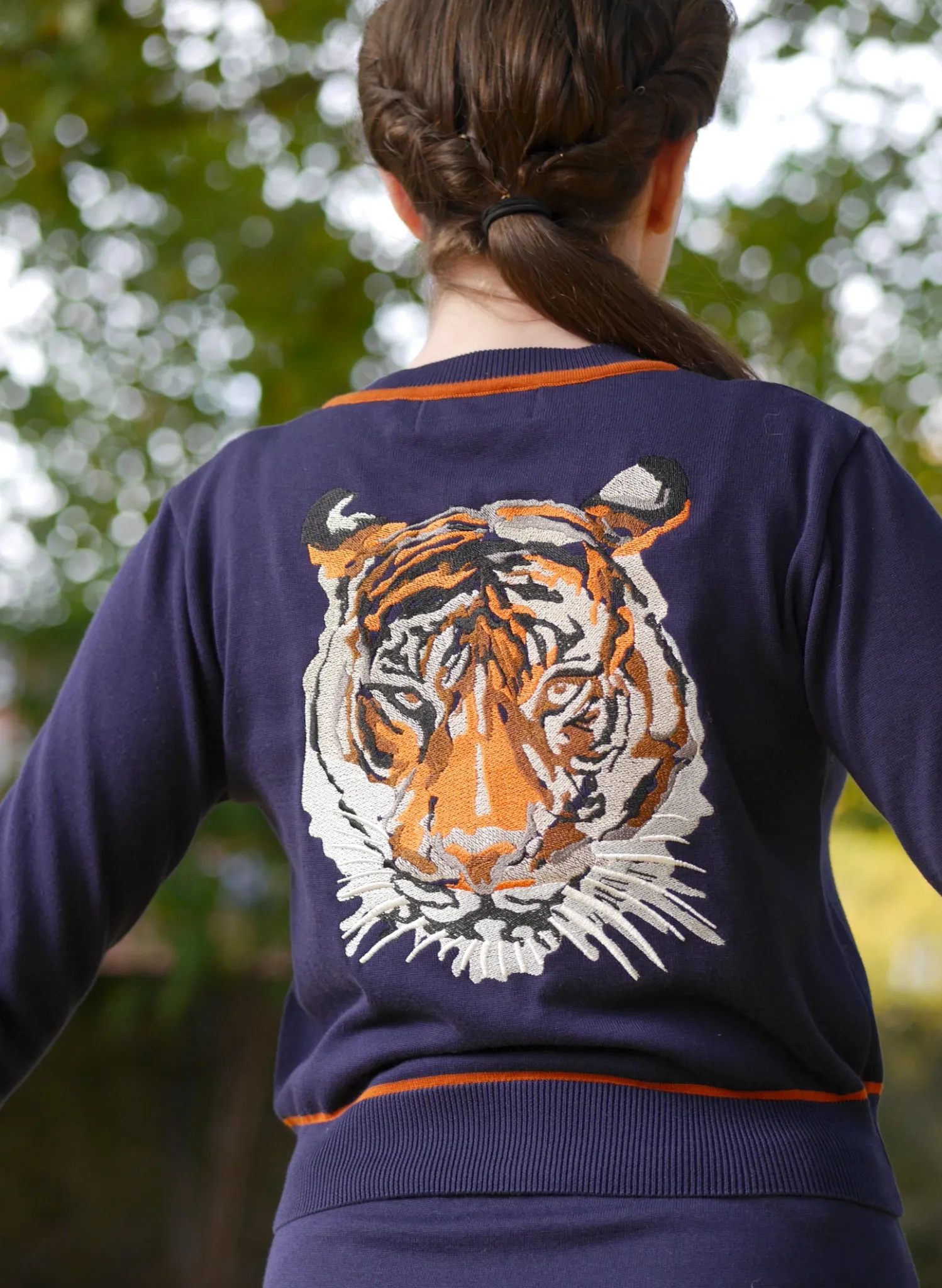Vera Cardigan - Navy and Rust Embroidered Tiger