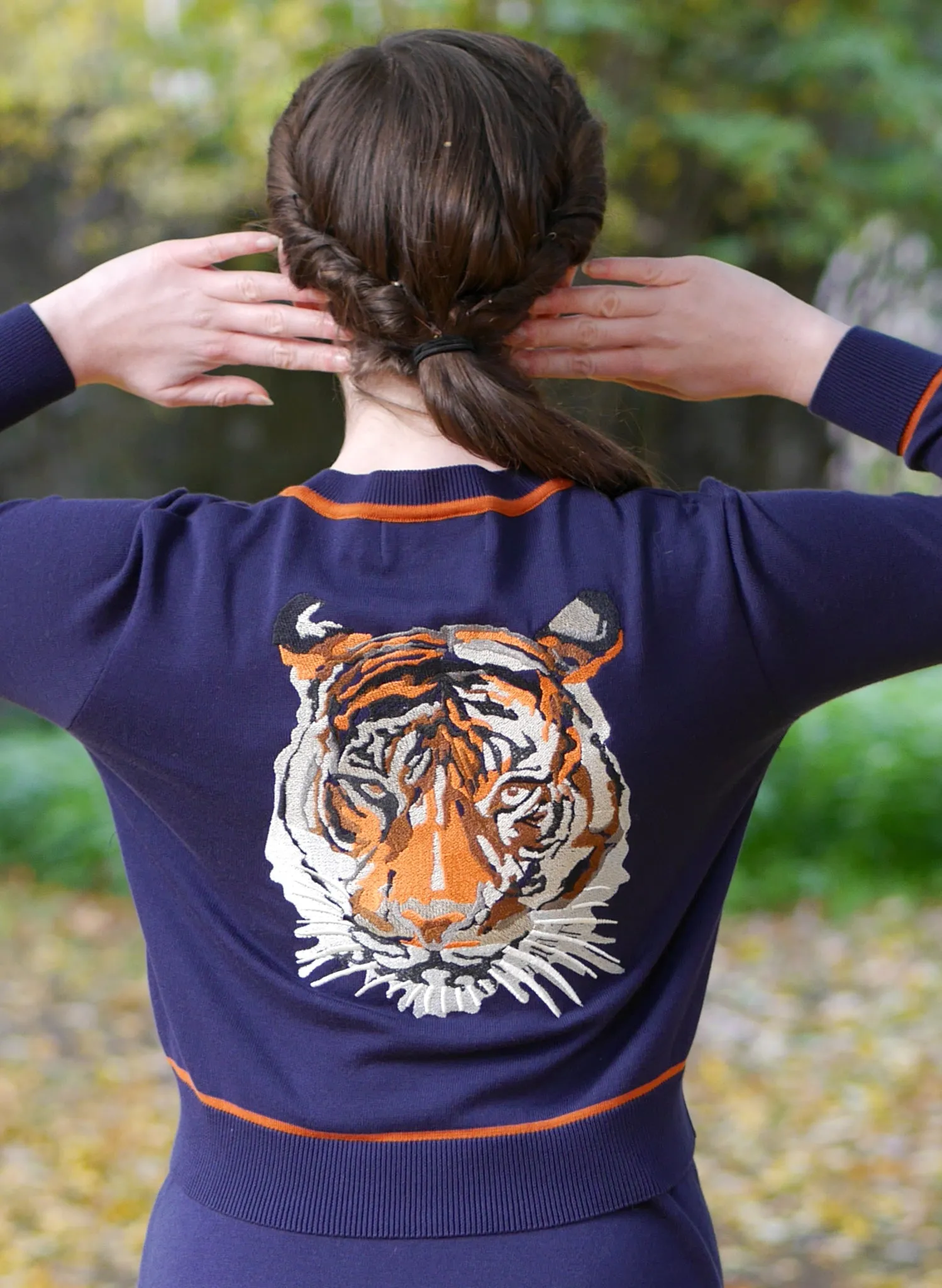 Vera Cardigan - Navy and Rust Embroidered Tiger