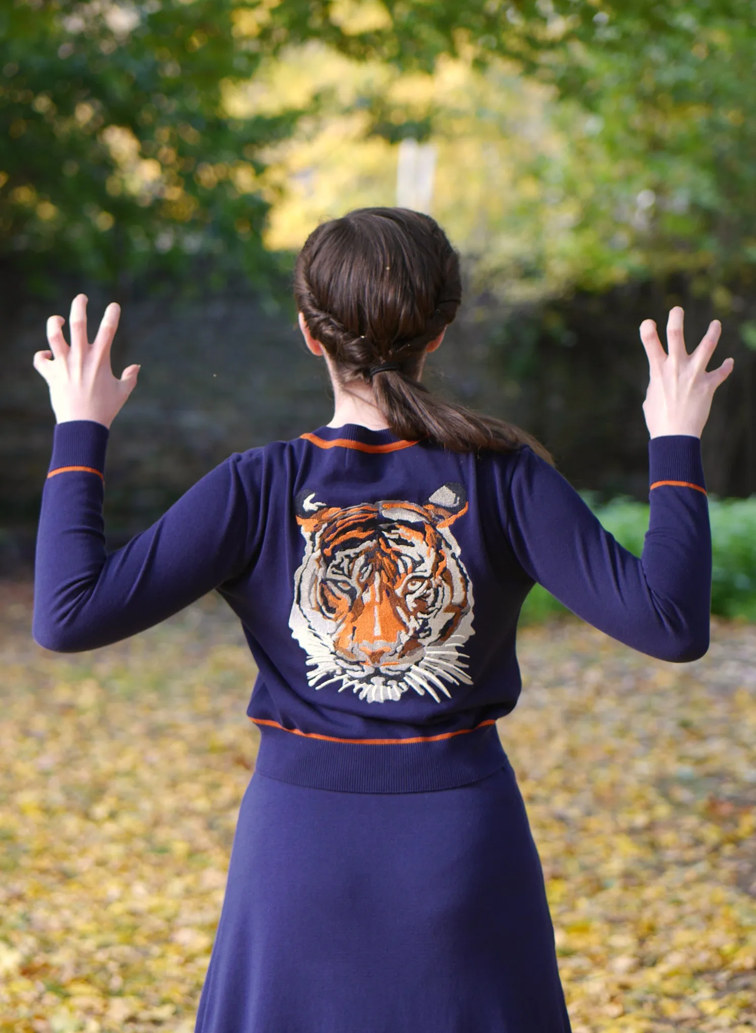 Vera Cardigan - Navy and Rust Embroidered Tiger