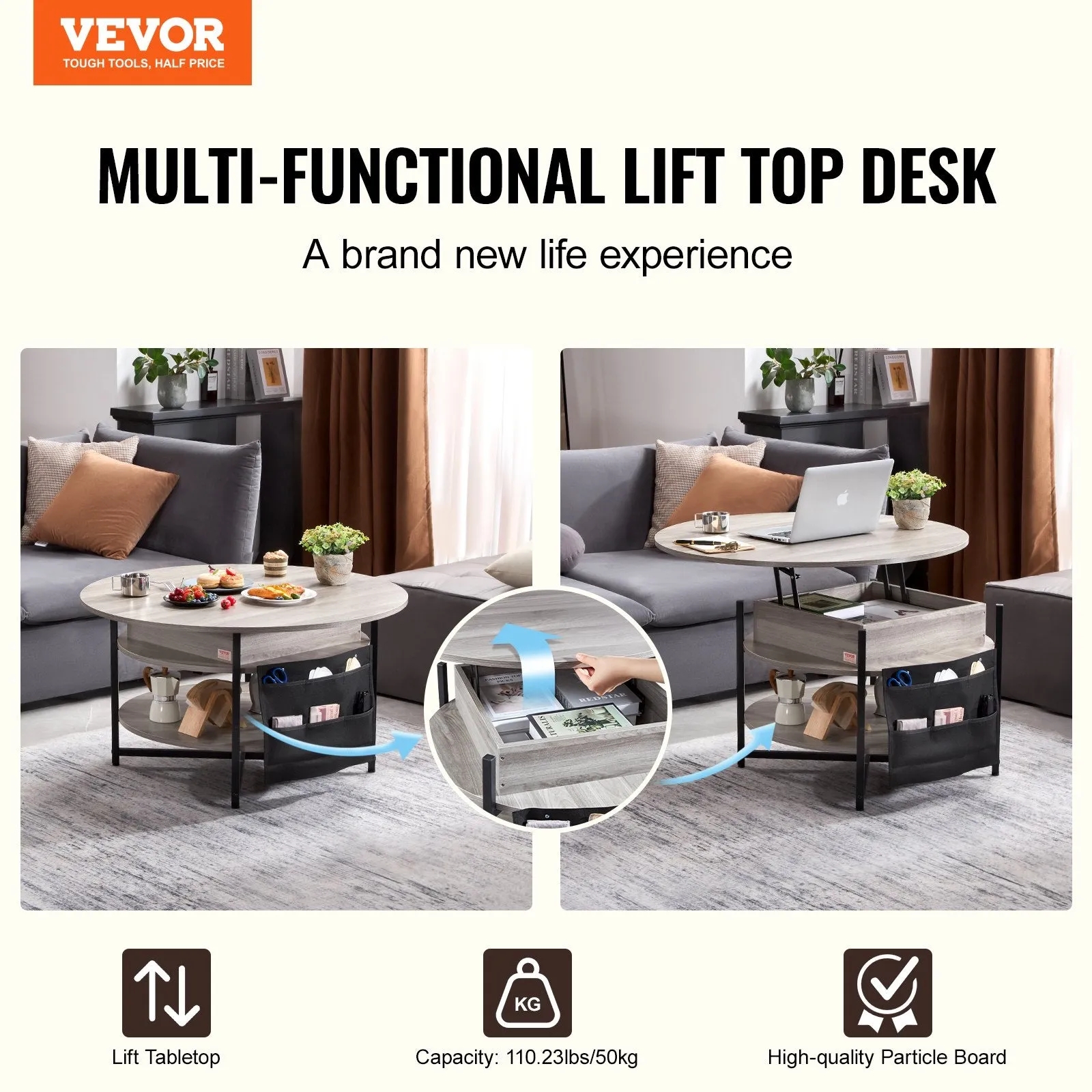 Vevor Lift Top Coffee Table 35.3" Round with Storage and Hidden Compartment New