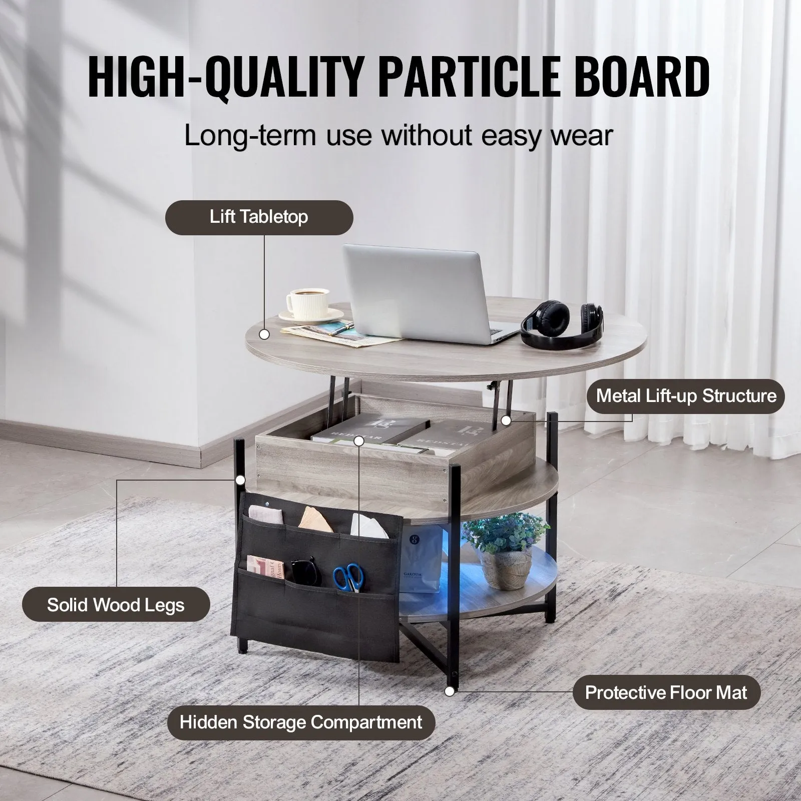 Vevor Lift Top Coffee Table 35.3" Round with Storage and Hidden Compartment New