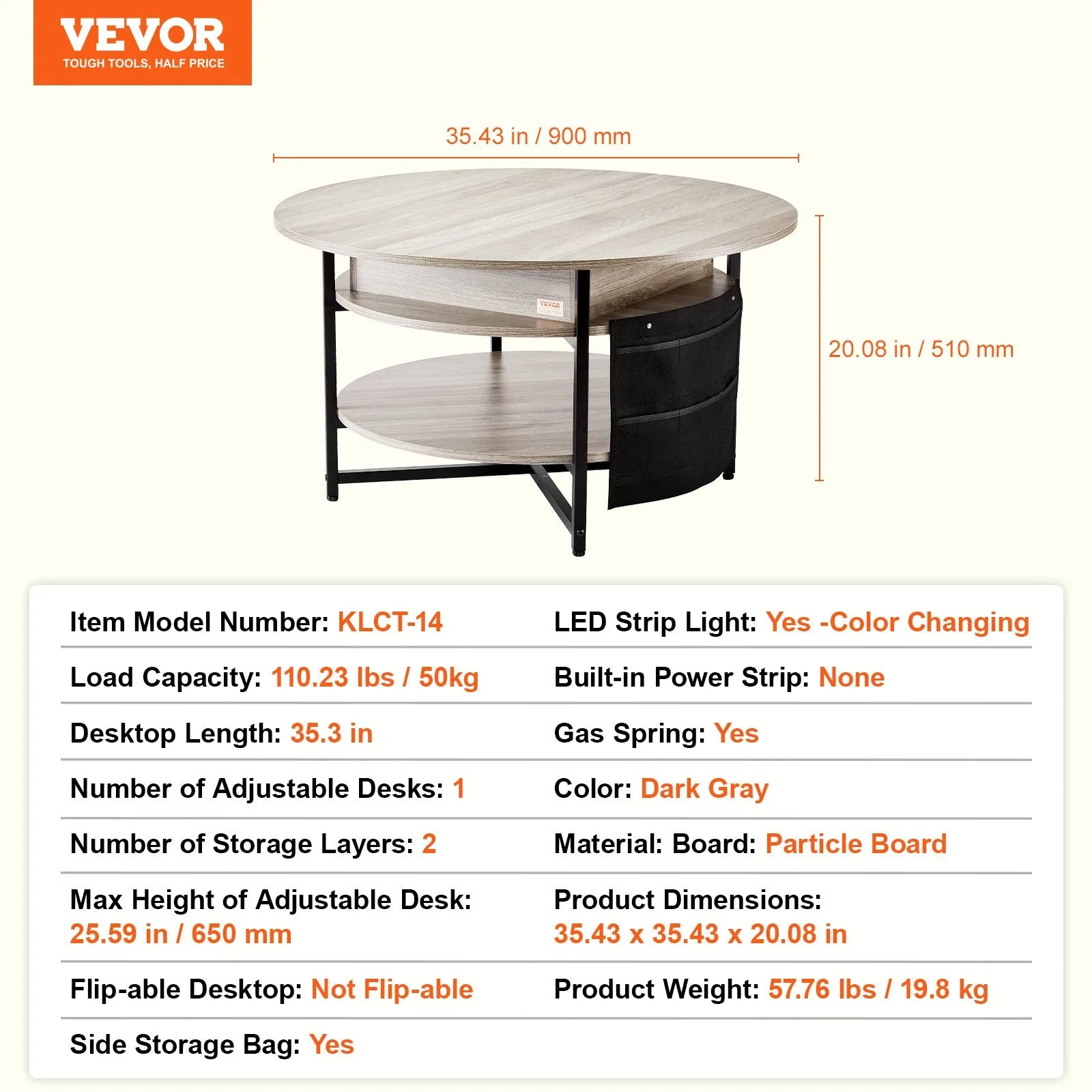 Vevor Lift Top Coffee Table 35.3" Round with Storage and Hidden Compartment New