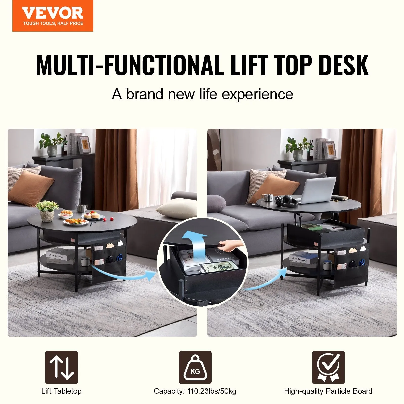 Vevor Lift Top Coffee Table 35.3" Round with Storage and Hidden Compartment New