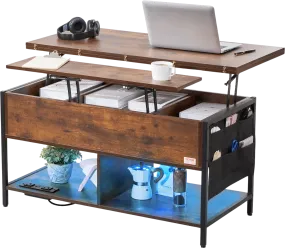 Vevor Lift Top Coffee Table 39.3" x 19.6"  Multi-Functional with Storage and Built-In Power Outlet Brown New