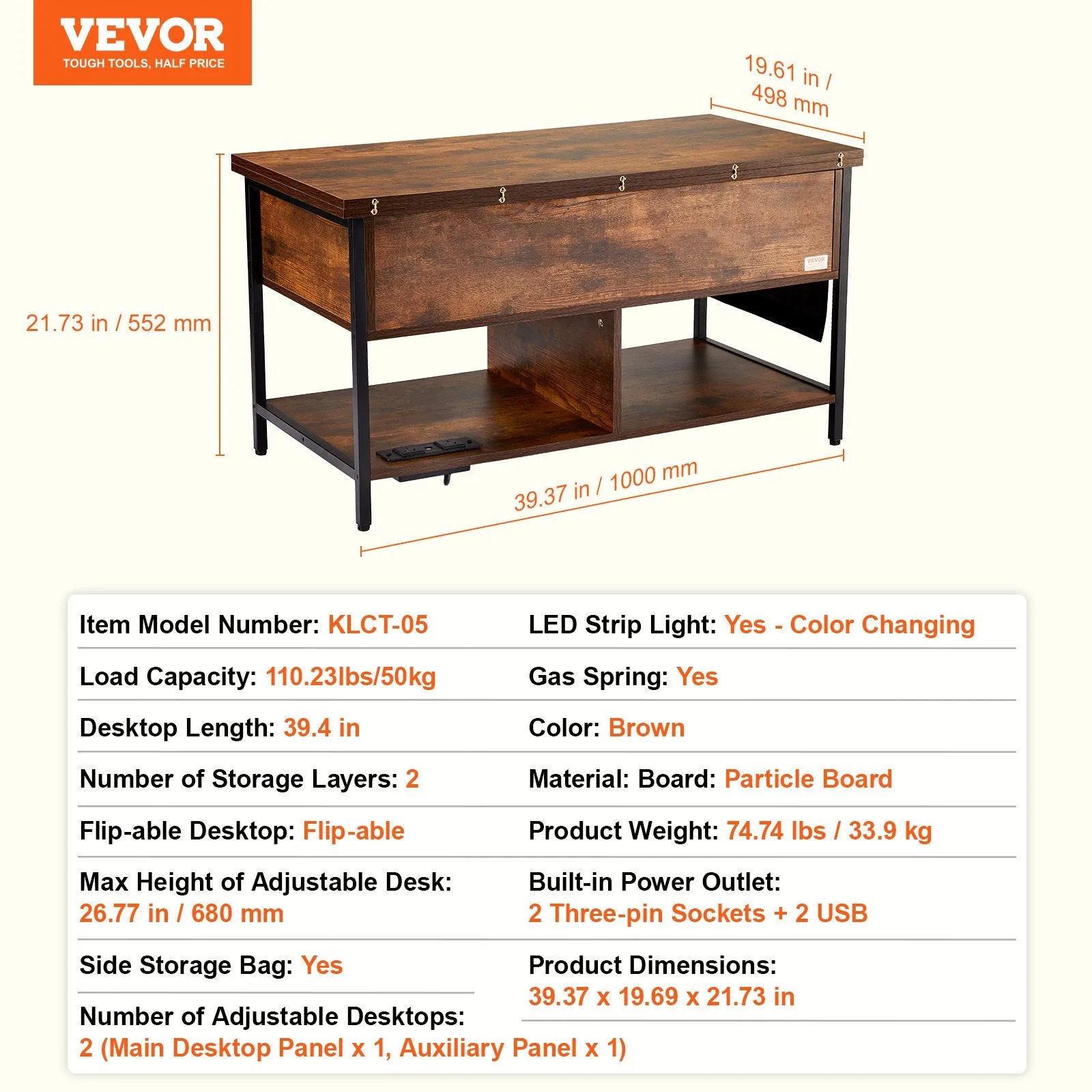 Vevor Lift Top Coffee Table 39.3" x 19.6"  Multi-Functional with Storage and Built-In Power Outlet Brown New
