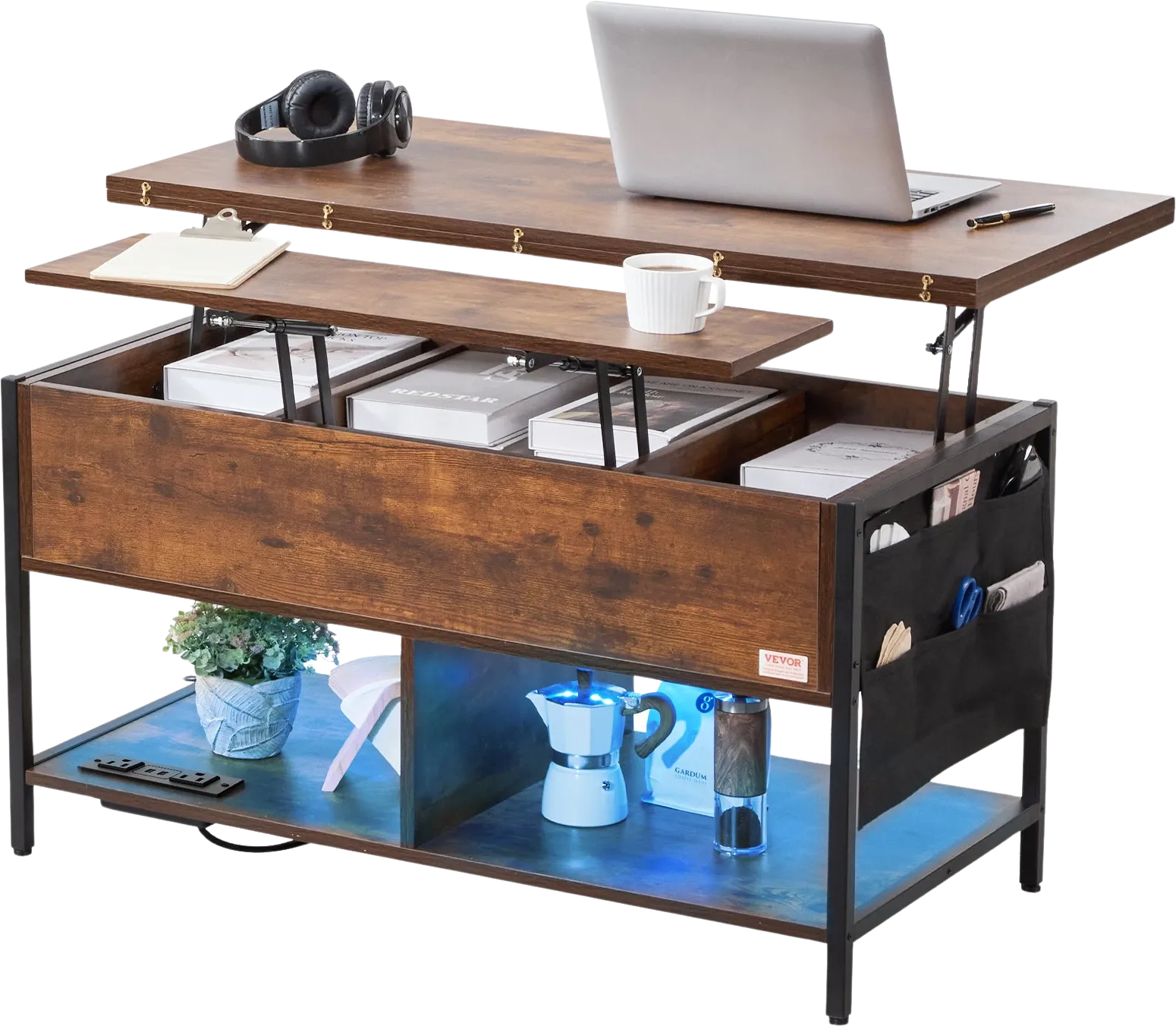 Vevor Lift Top Coffee Table 39.3" x 19.6"  Multi-Functional with Storage and Built-In Power Outlet Brown New