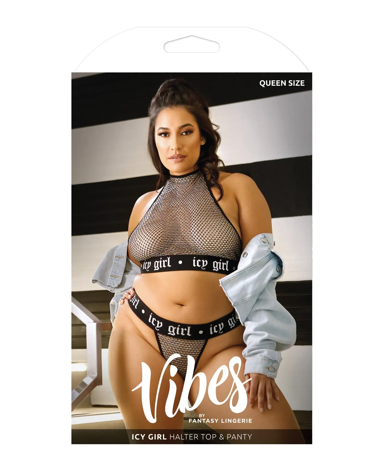 Vibes Icy Girl Metallic Fishnet Halter Top & Panty Black QN