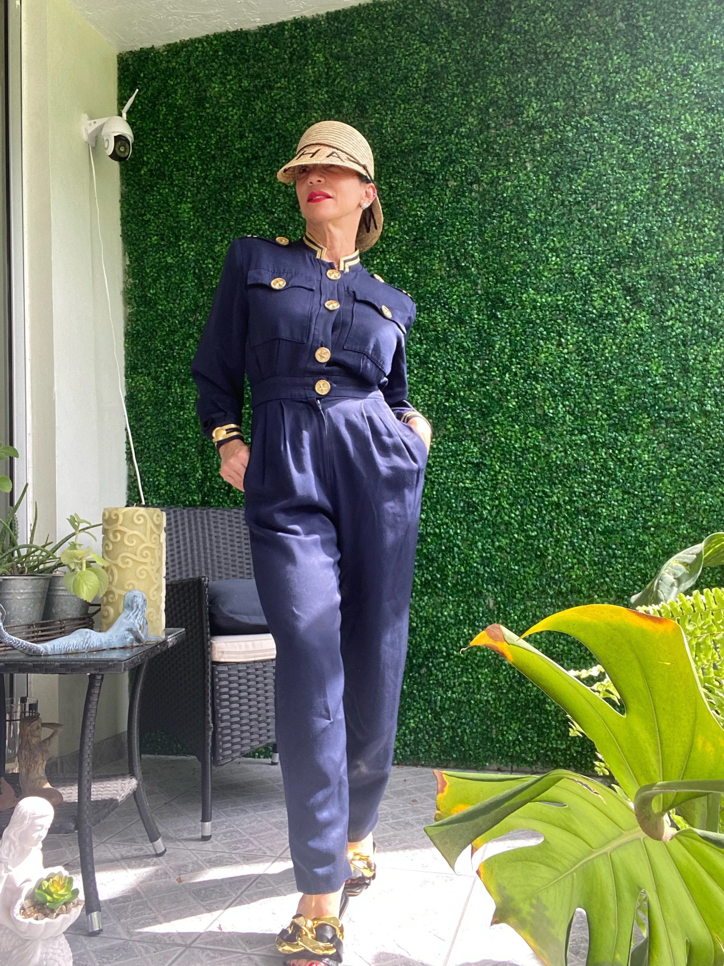 Vintage 1980s Lillie Rubin Military Navy Style Nautical Jumpsuit with gold star buttons