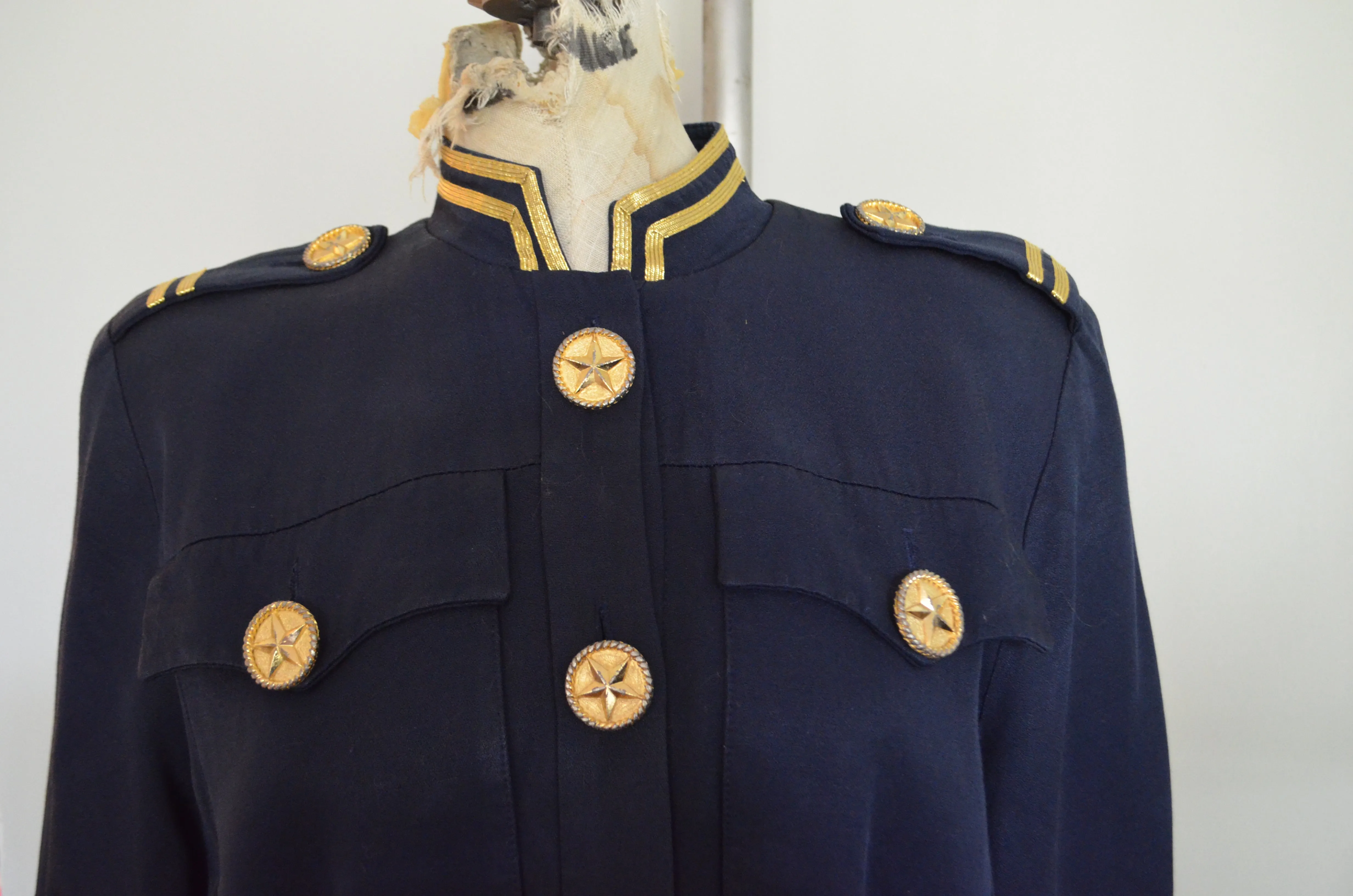 Vintage 1980s Lillie Rubin Military Navy Style Nautical Jumpsuit with gold star buttons