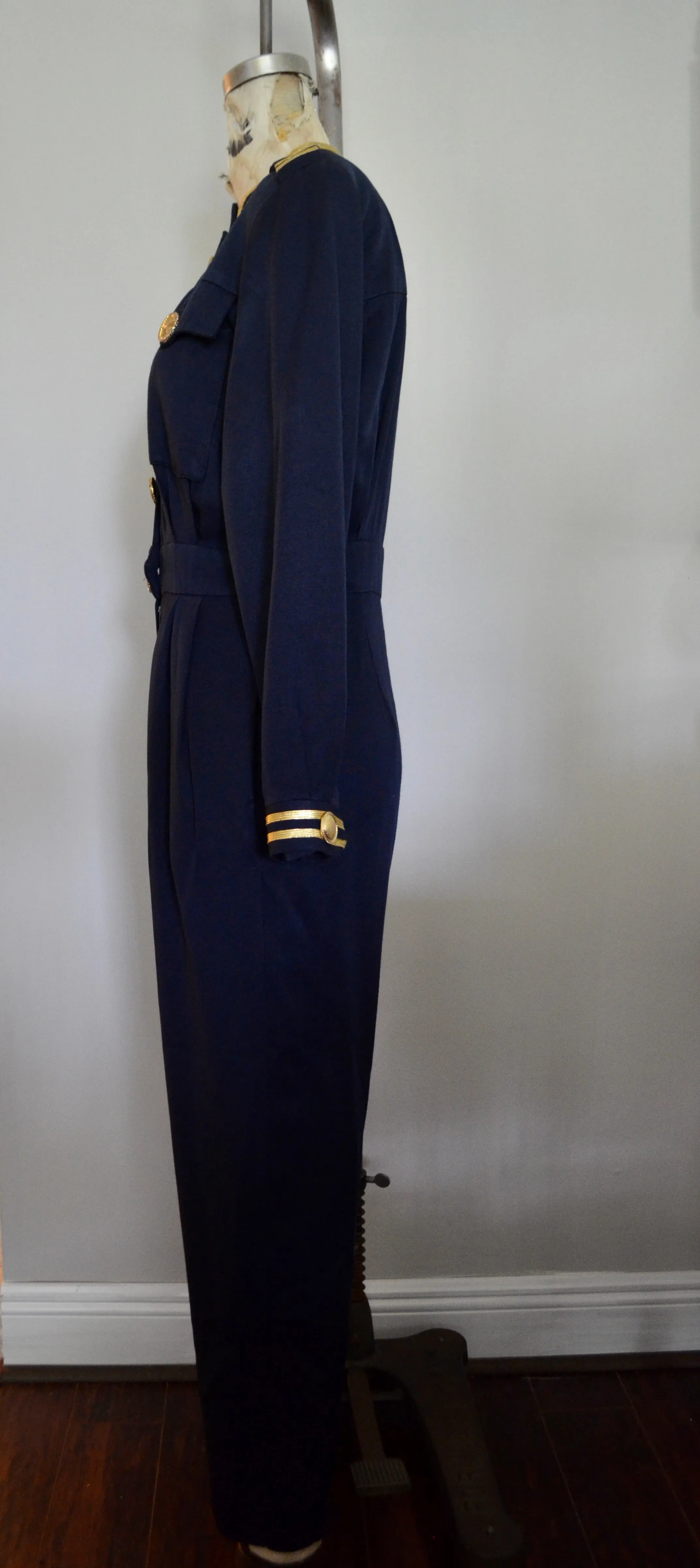 Vintage 1980s Lillie Rubin Military Navy Style Nautical Jumpsuit with gold star buttons