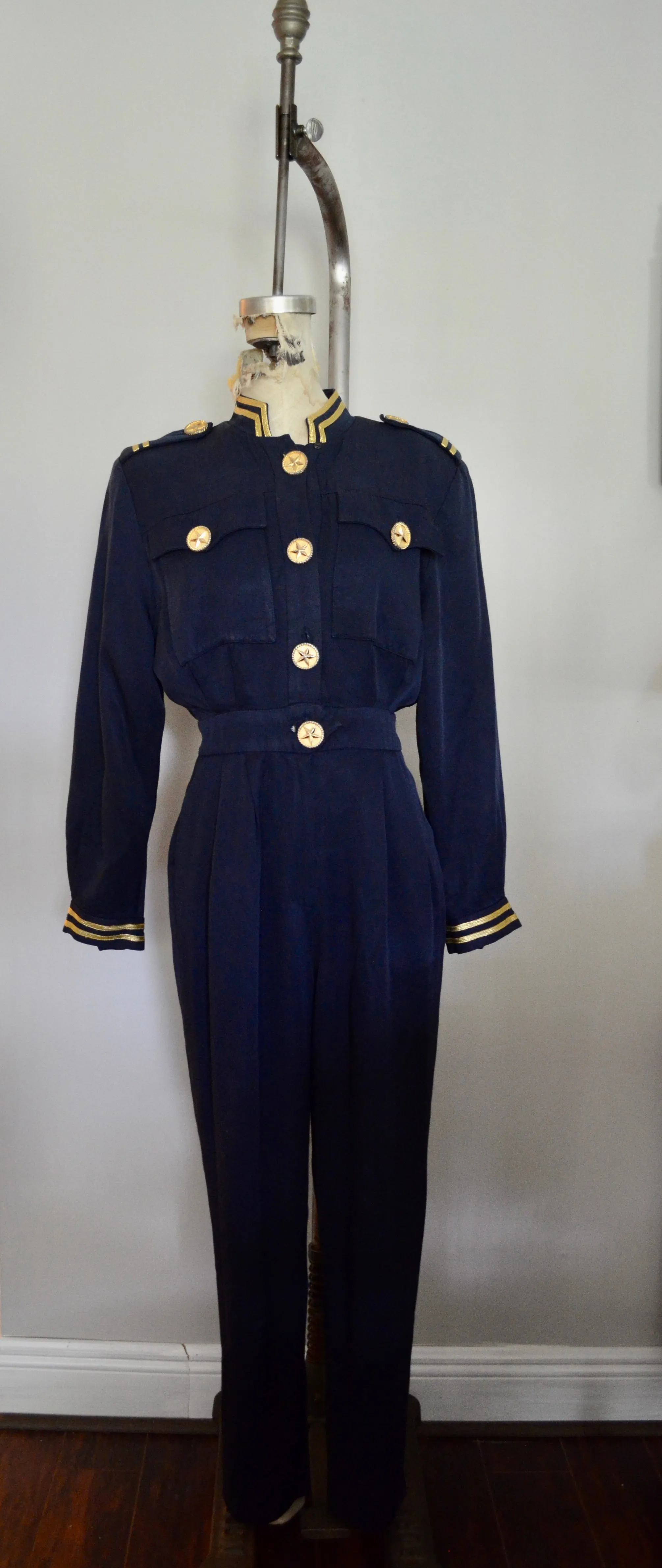 Vintage 1980s Lillie Rubin Military Navy Style Nautical Jumpsuit with gold star buttons