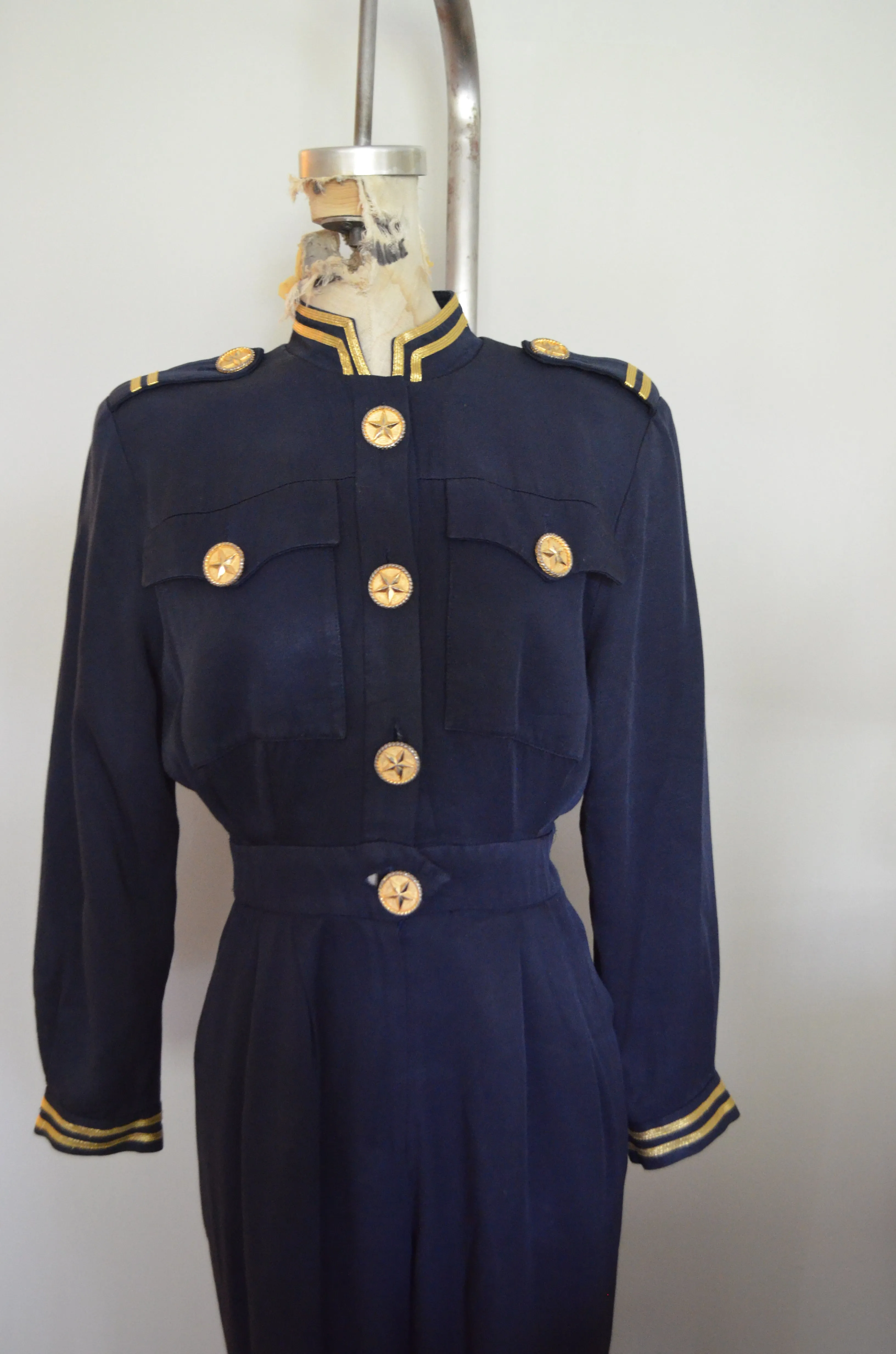 Vintage 1980s Lillie Rubin Military Navy Style Nautical Jumpsuit with gold star buttons