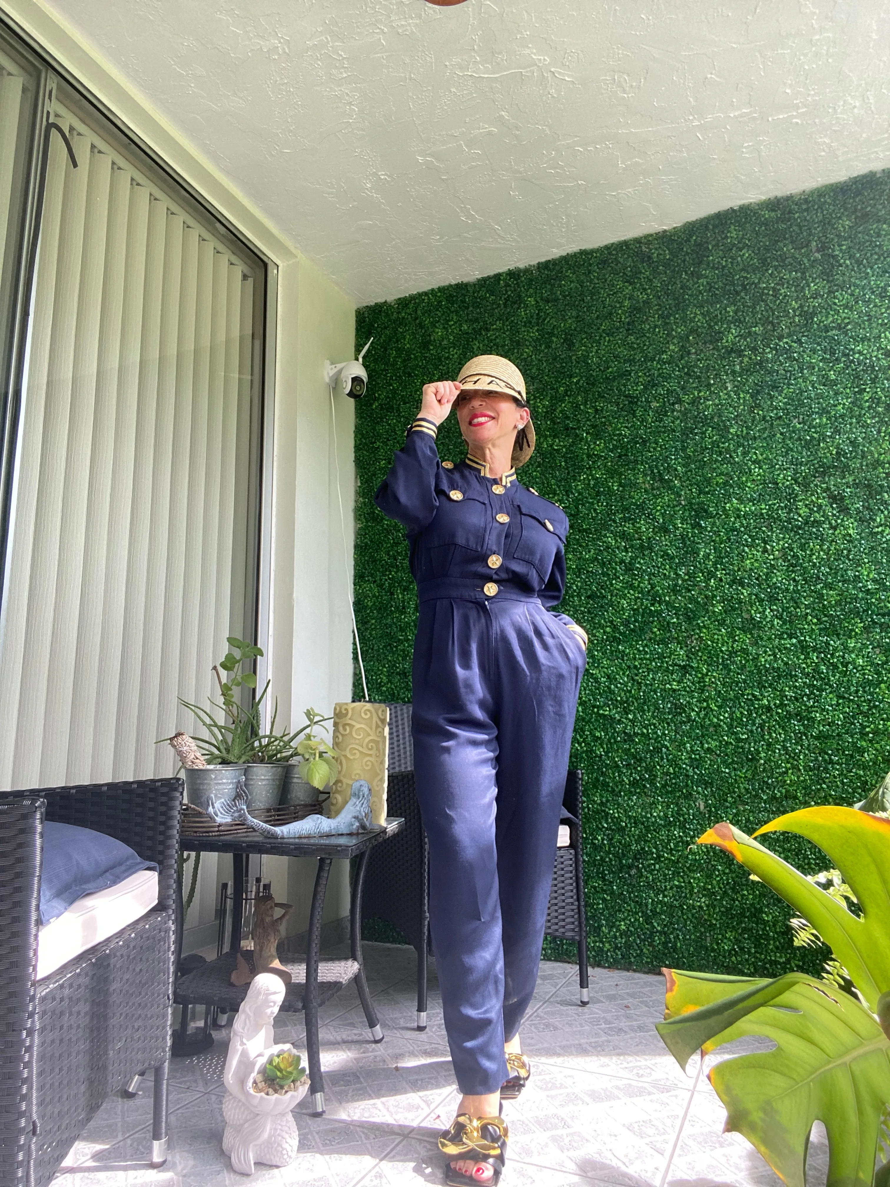Vintage 1980s Lillie Rubin Military Navy Style Nautical Jumpsuit with gold star buttons