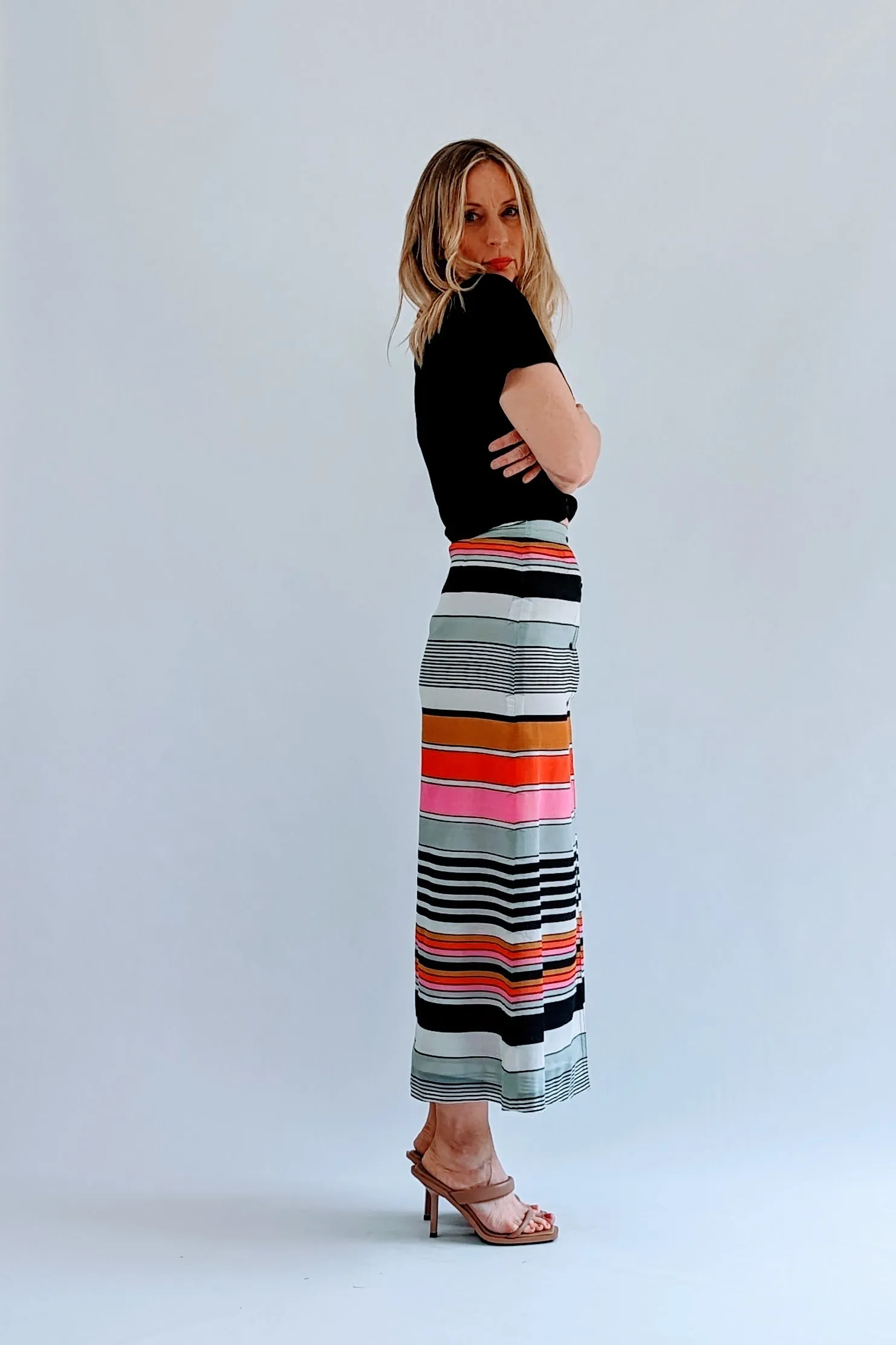 Vintage Retro Striped Button Up A Line Skirt