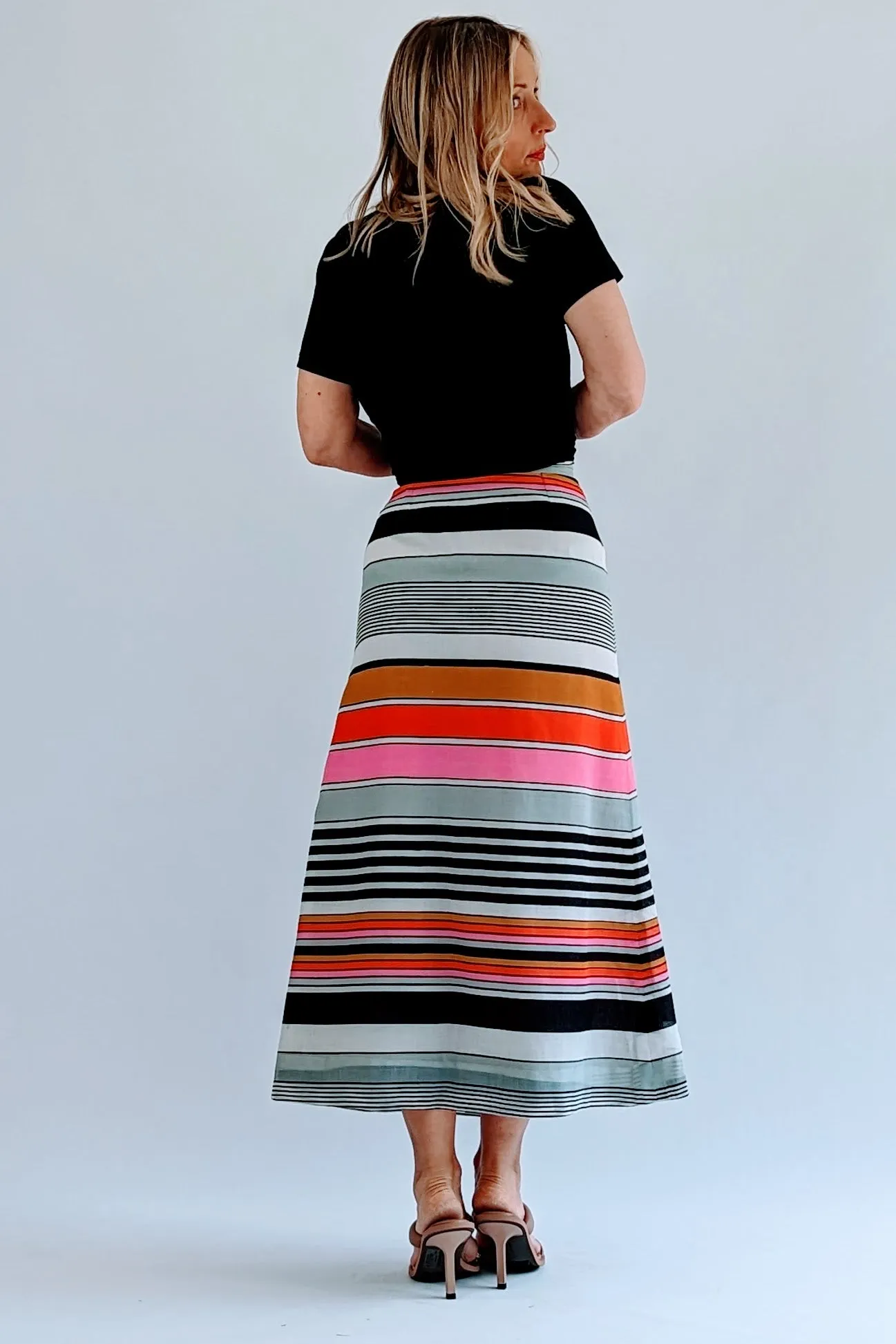 Vintage Retro Striped Button Up A Line Skirt