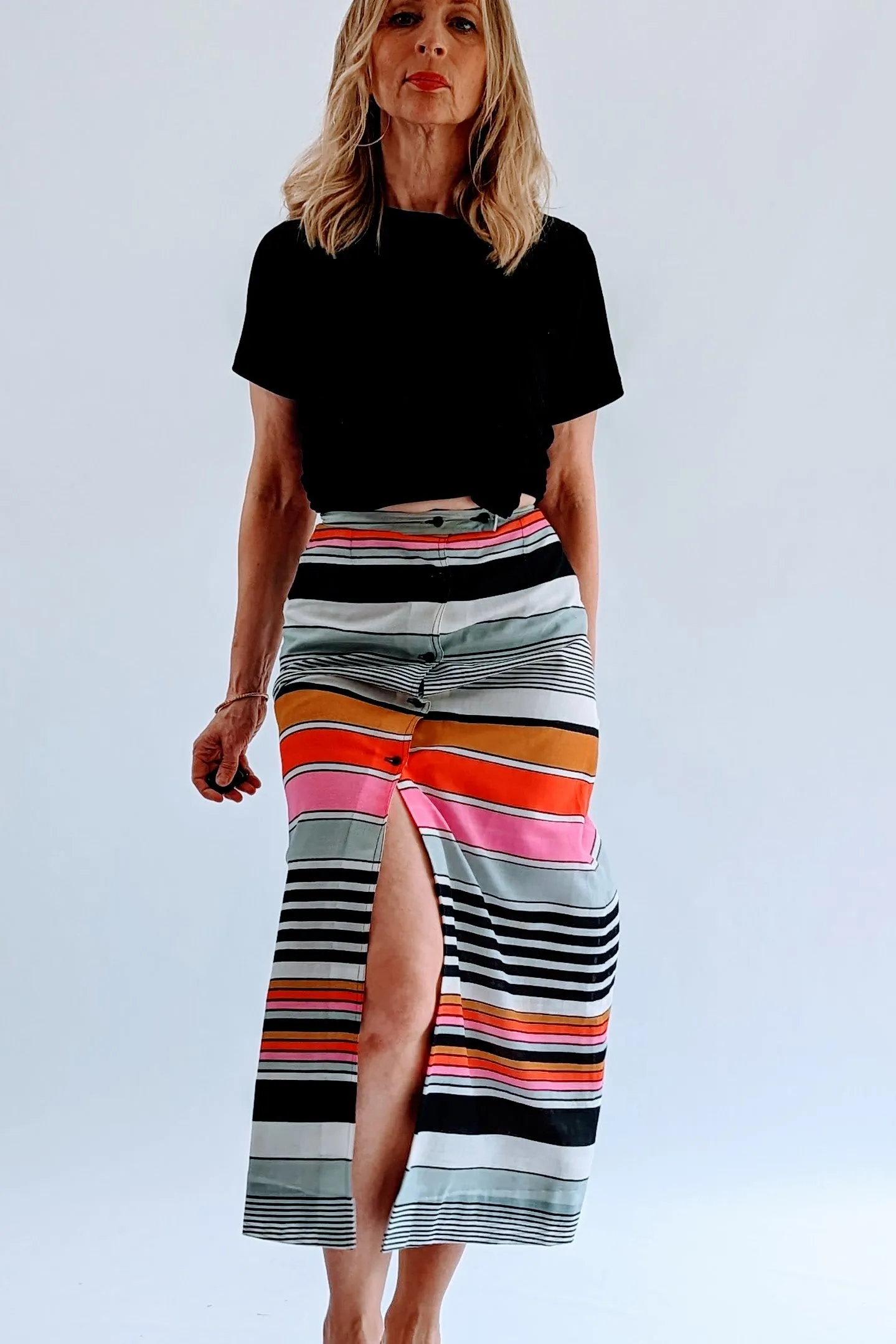 Vintage Retro Striped Button Up A Line Skirt