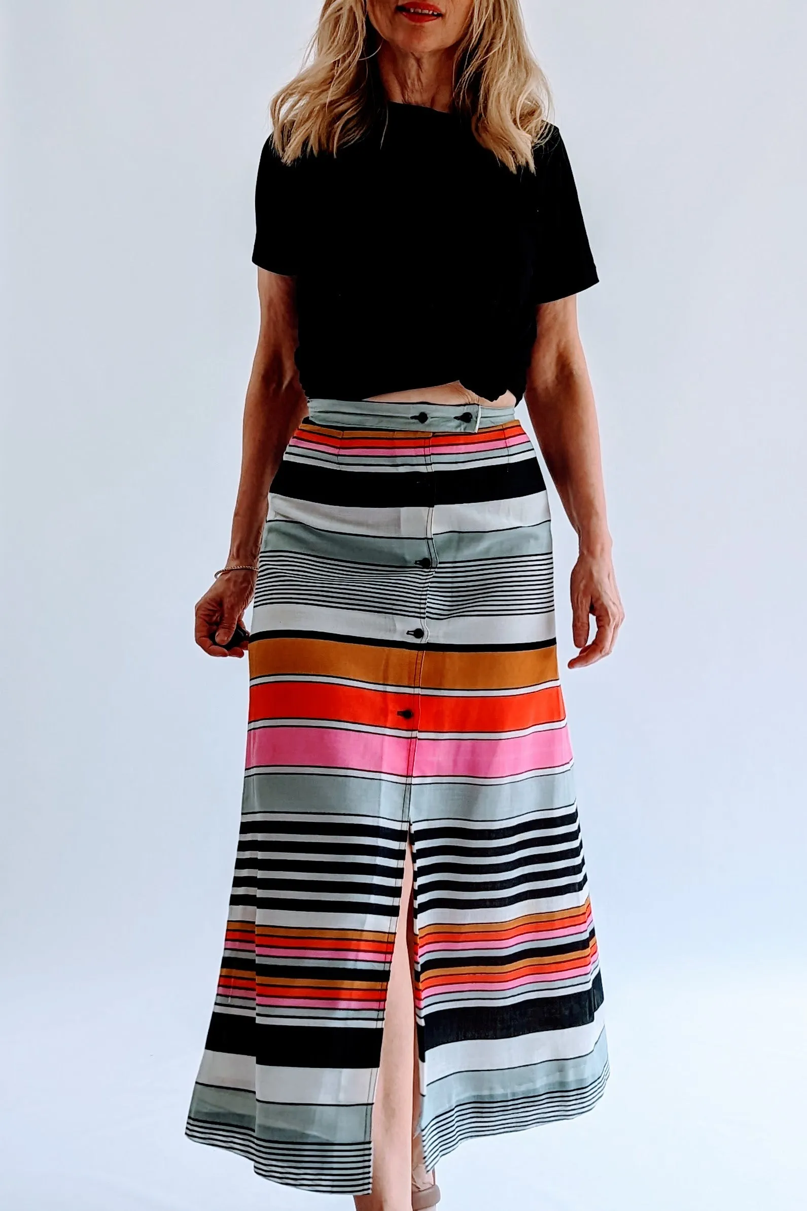 Vintage Retro Striped Button Up A Line Skirt
