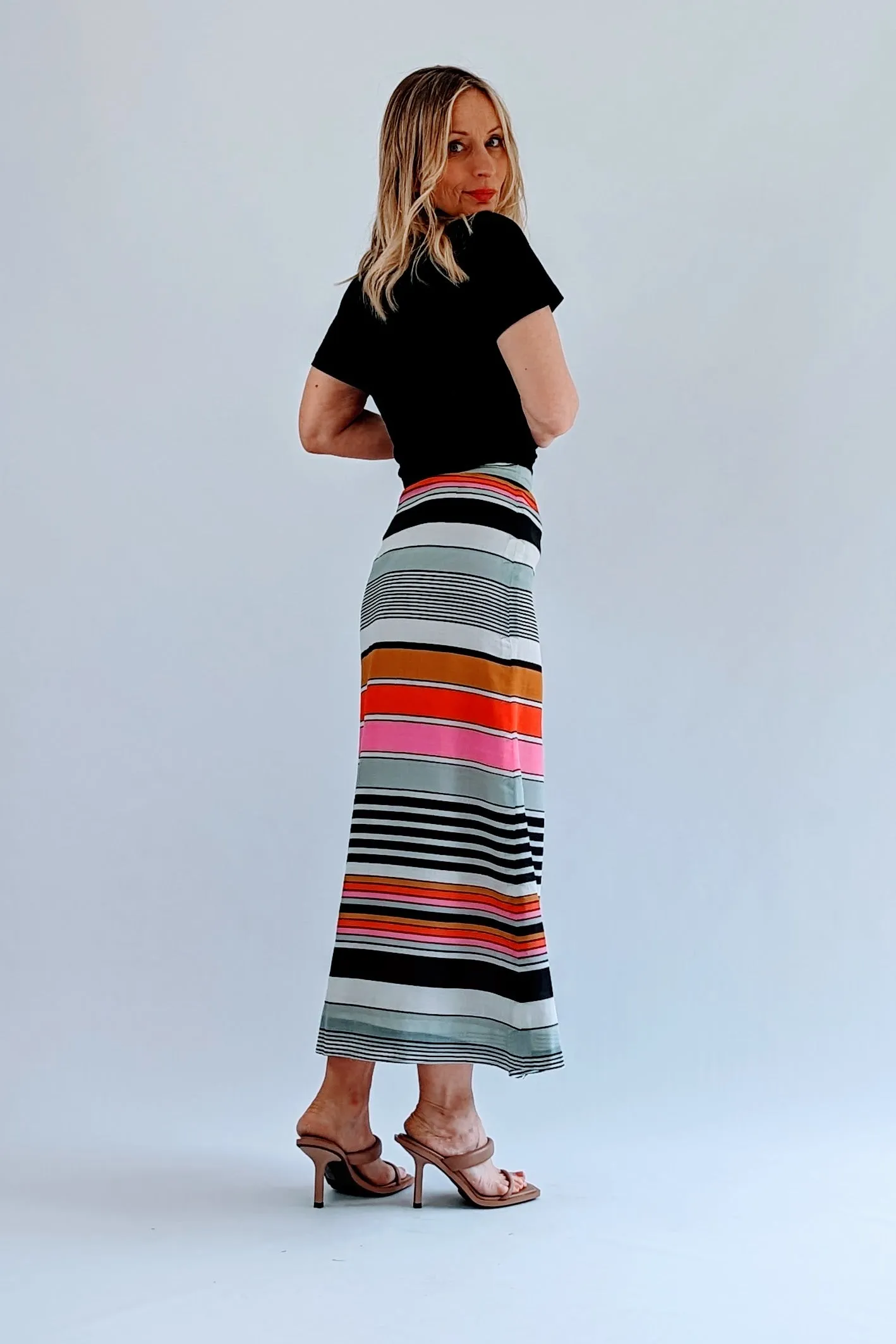 Vintage Retro Striped Button Up A Line Skirt