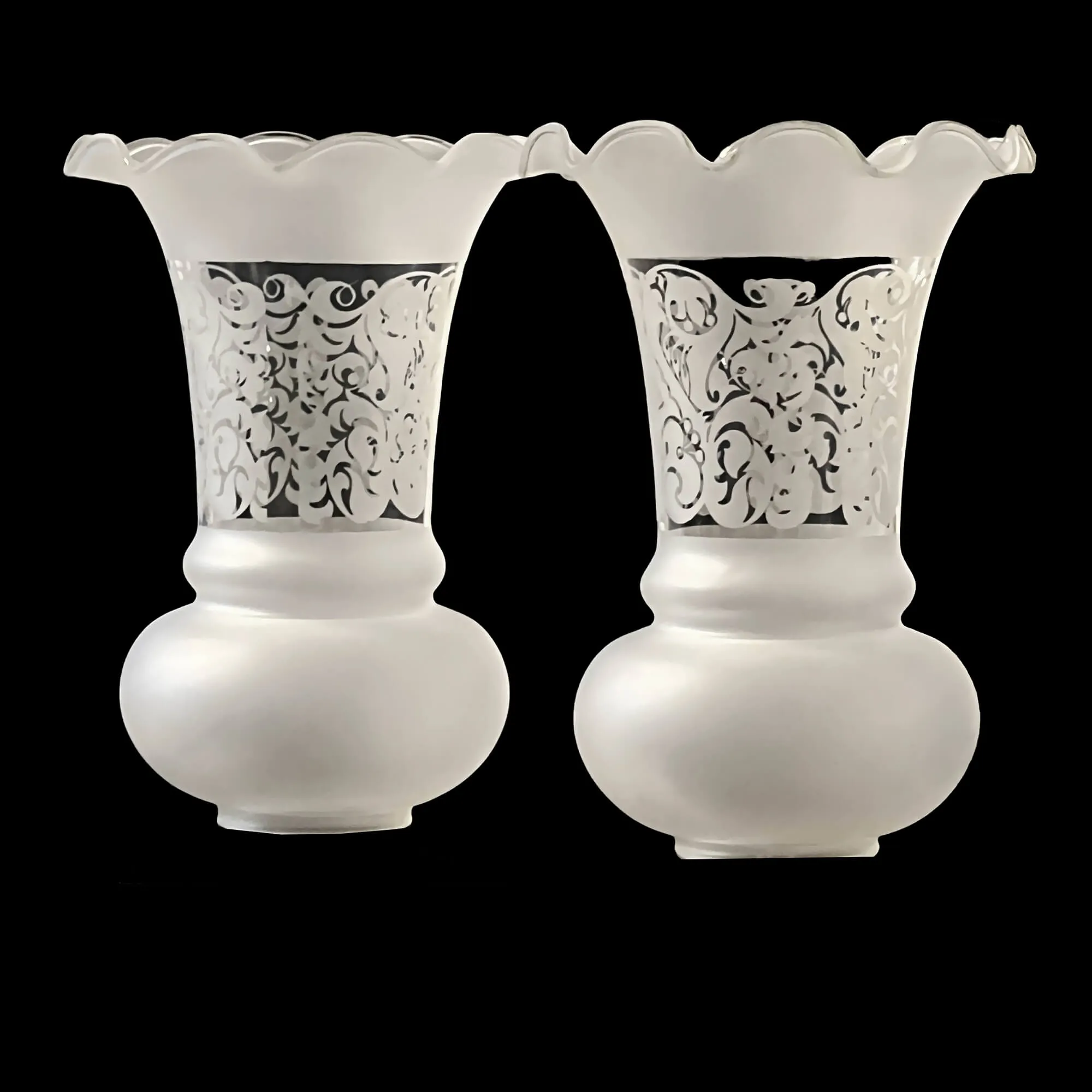 Vintage Set of Frosted, Etched Glass Hurricane Lamp Shades 7.5 in.