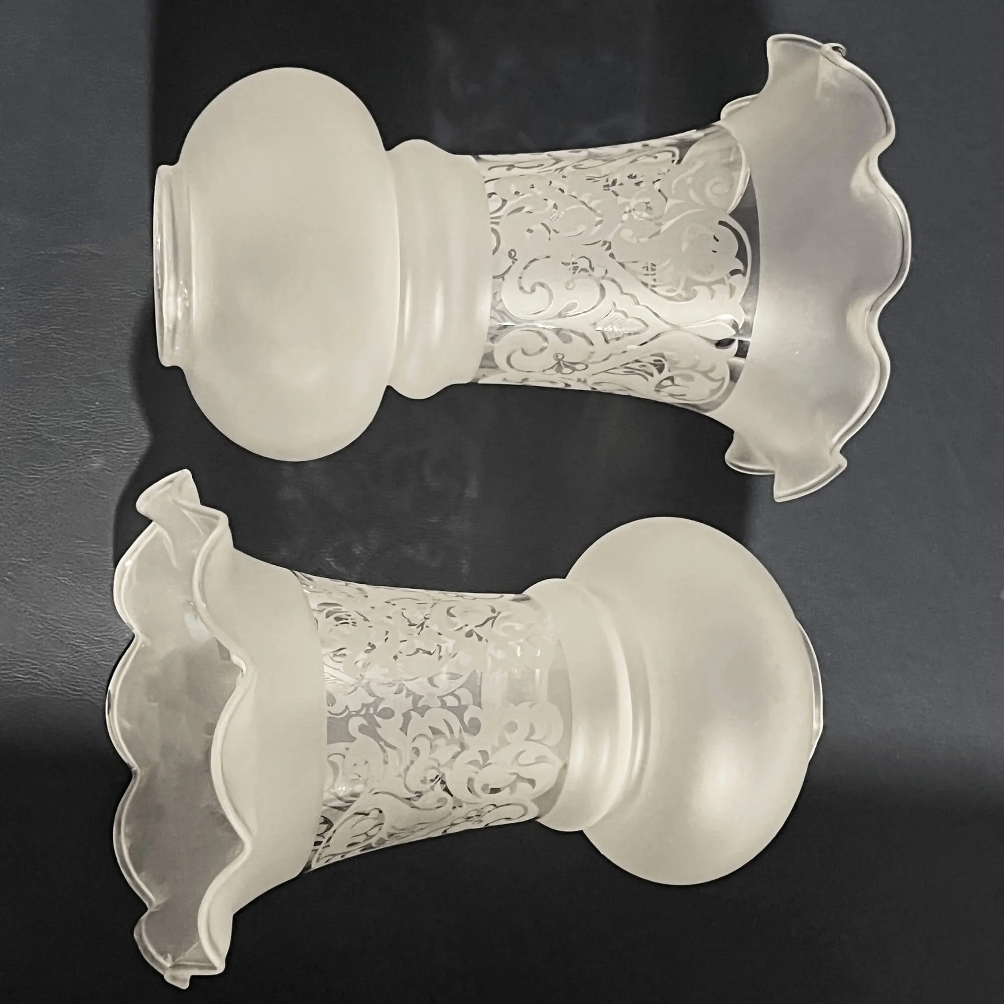 Vintage Set of Frosted, Etched Glass Hurricane Lamp Shades 7.5 in.
