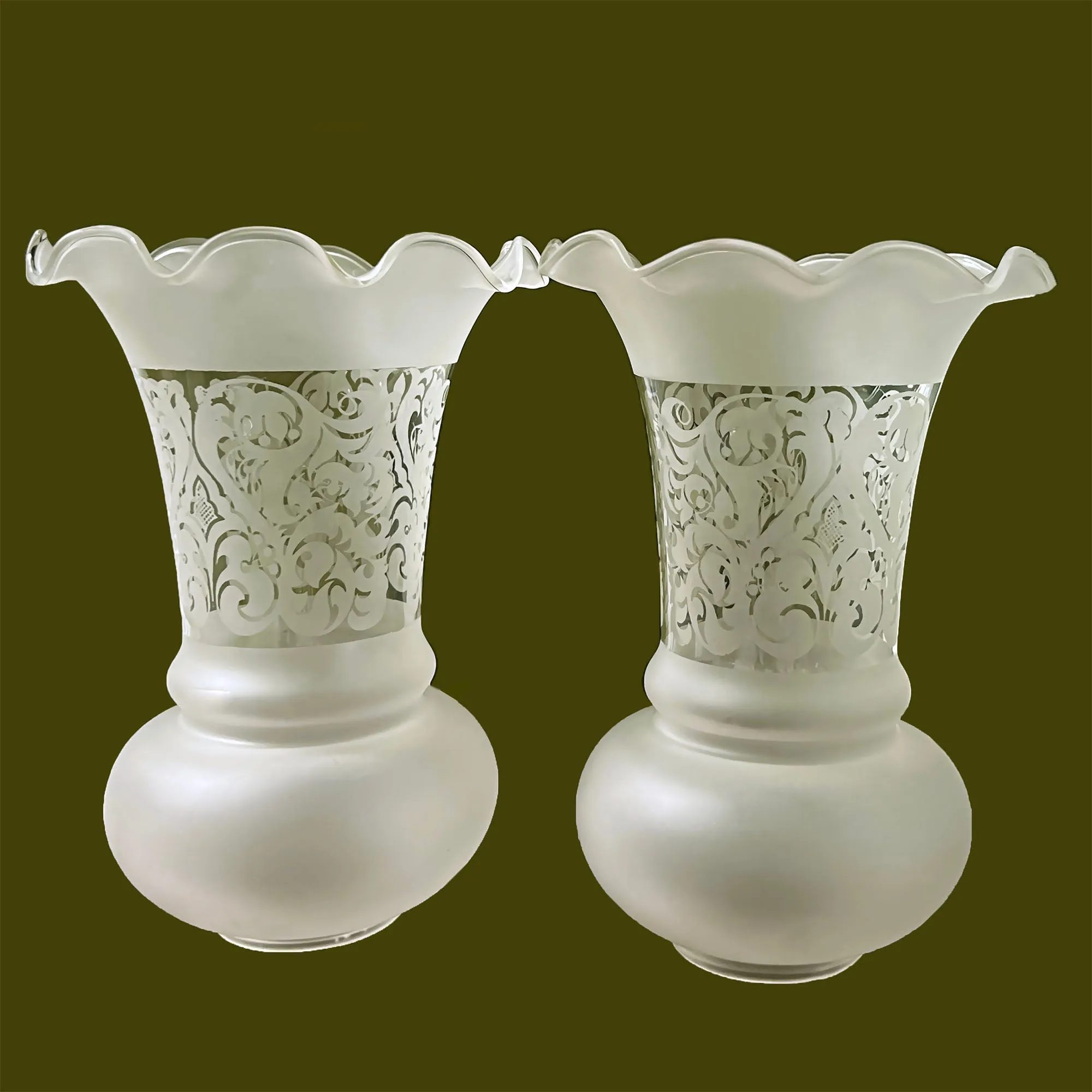 Vintage Set of Frosted, Etched Glass Hurricane Lamp Shades 7.5 in.