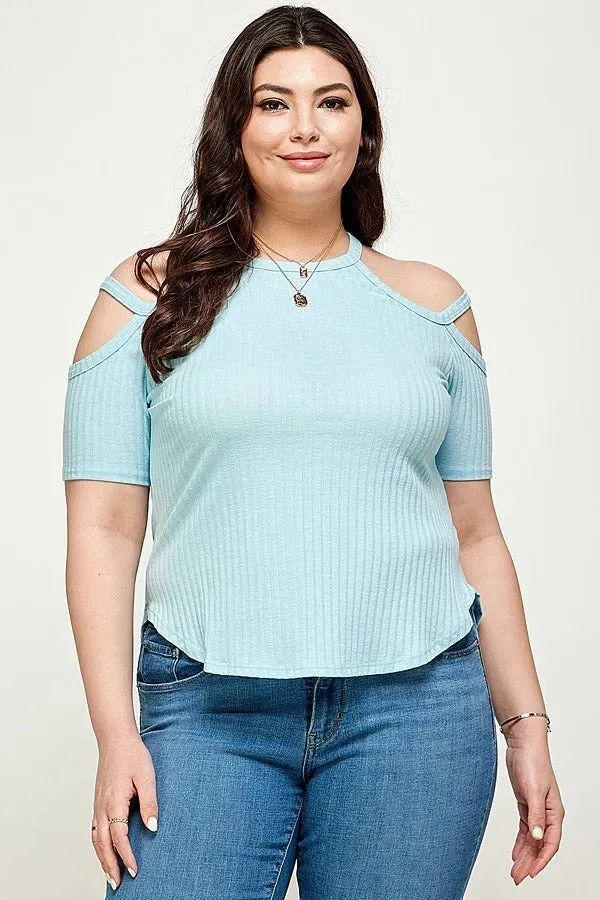 Voluptuous ( ) Plus Size Solid Ribbed Cold Shoulder Top
