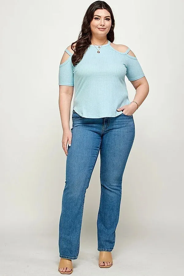 Voluptuous ( ) Plus Size Solid Ribbed Cold Shoulder Top