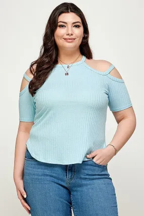 Voluptuous ( ) Plus Size Solid Ribbed Cold Shoulder Top