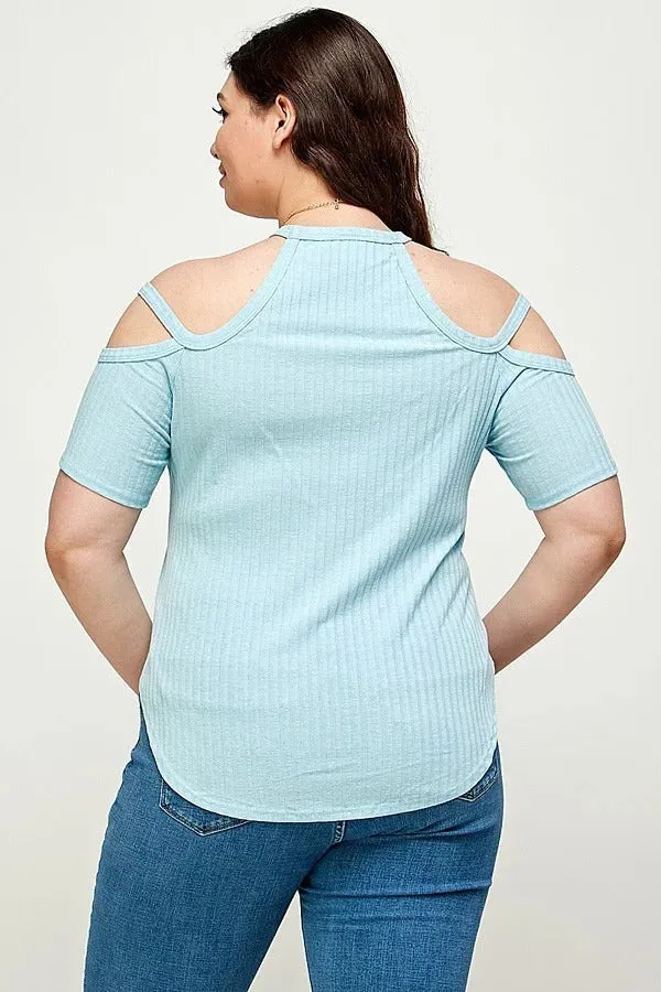 Voluptuous ( ) Plus Size Solid Ribbed Cold Shoulder Top