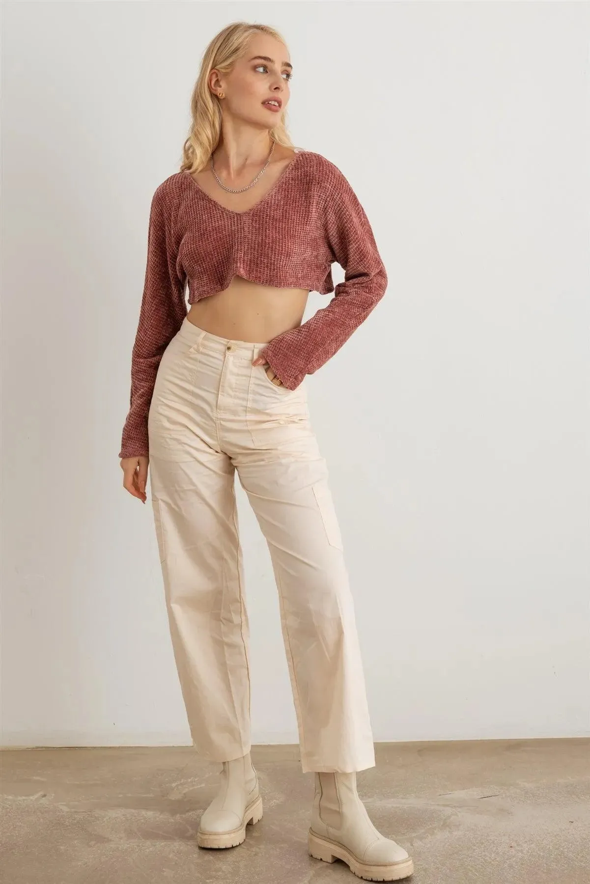 Waffle Soft Knit Long Sleeve Crop Top