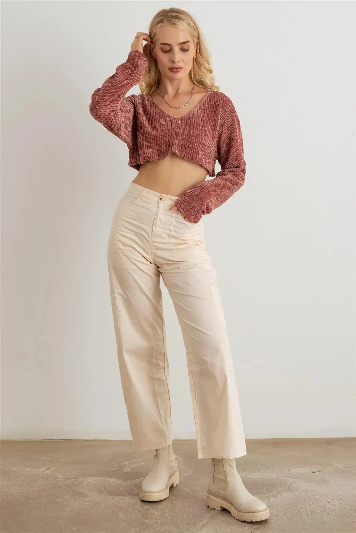 Waffle Soft Knit Long Sleeve Crop Top