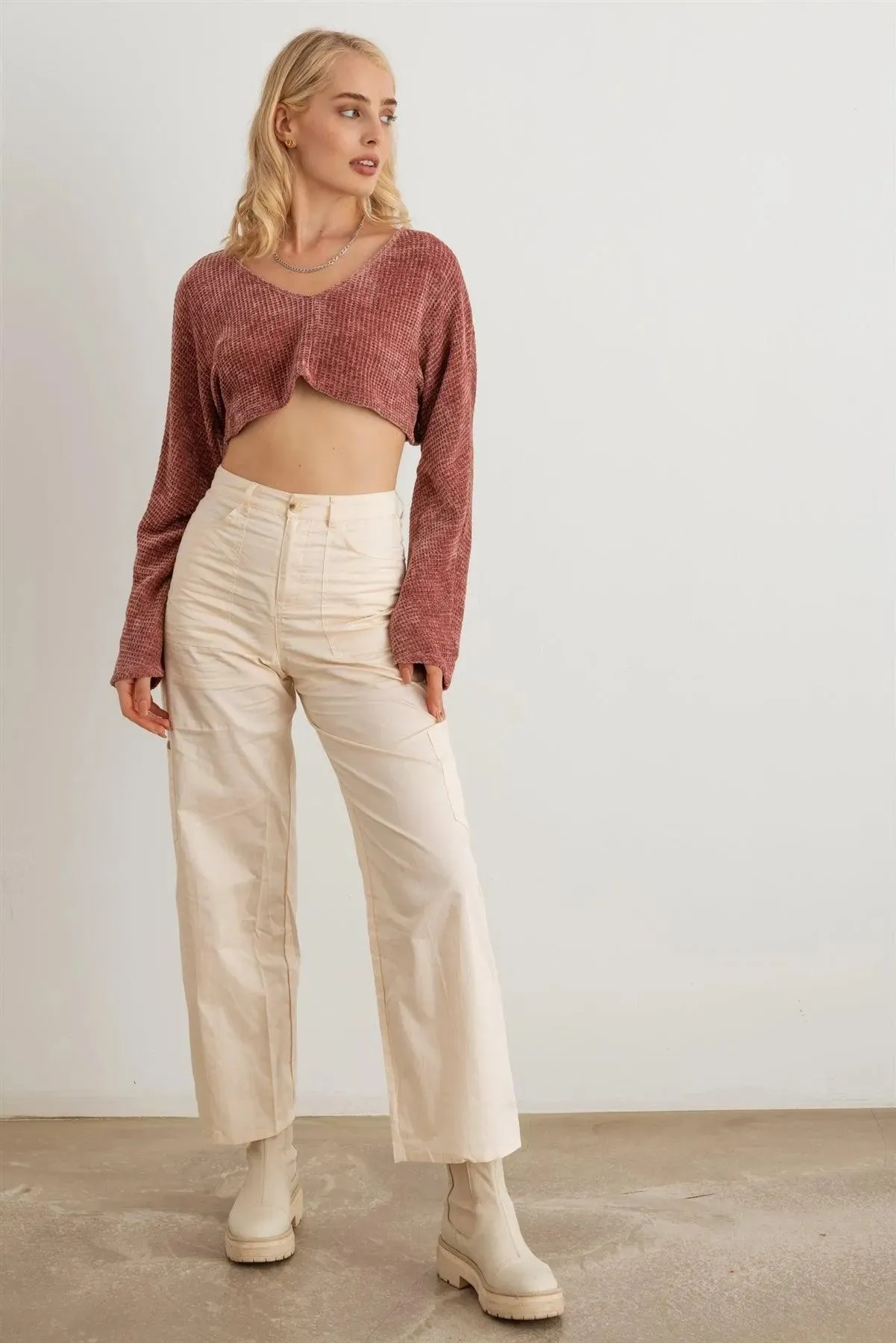 Waffle Soft Knit Long Sleeve Crop Top