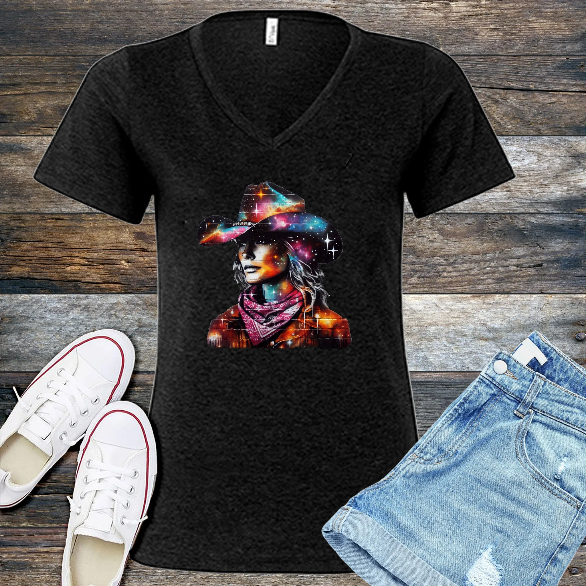 Whimsical Cosmic Cowgirl V-Neck