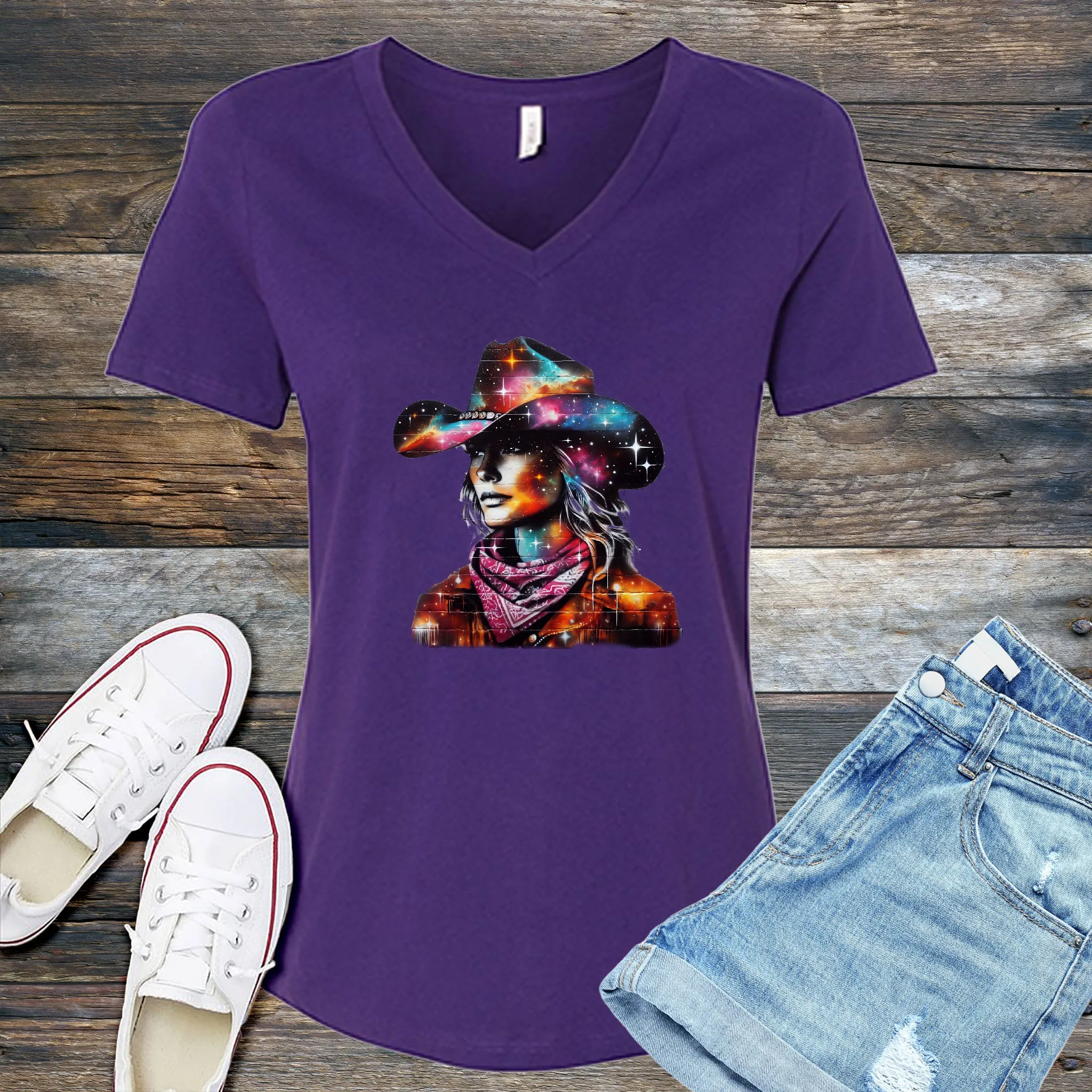 Whimsical Cosmic Cowgirl V-Neck