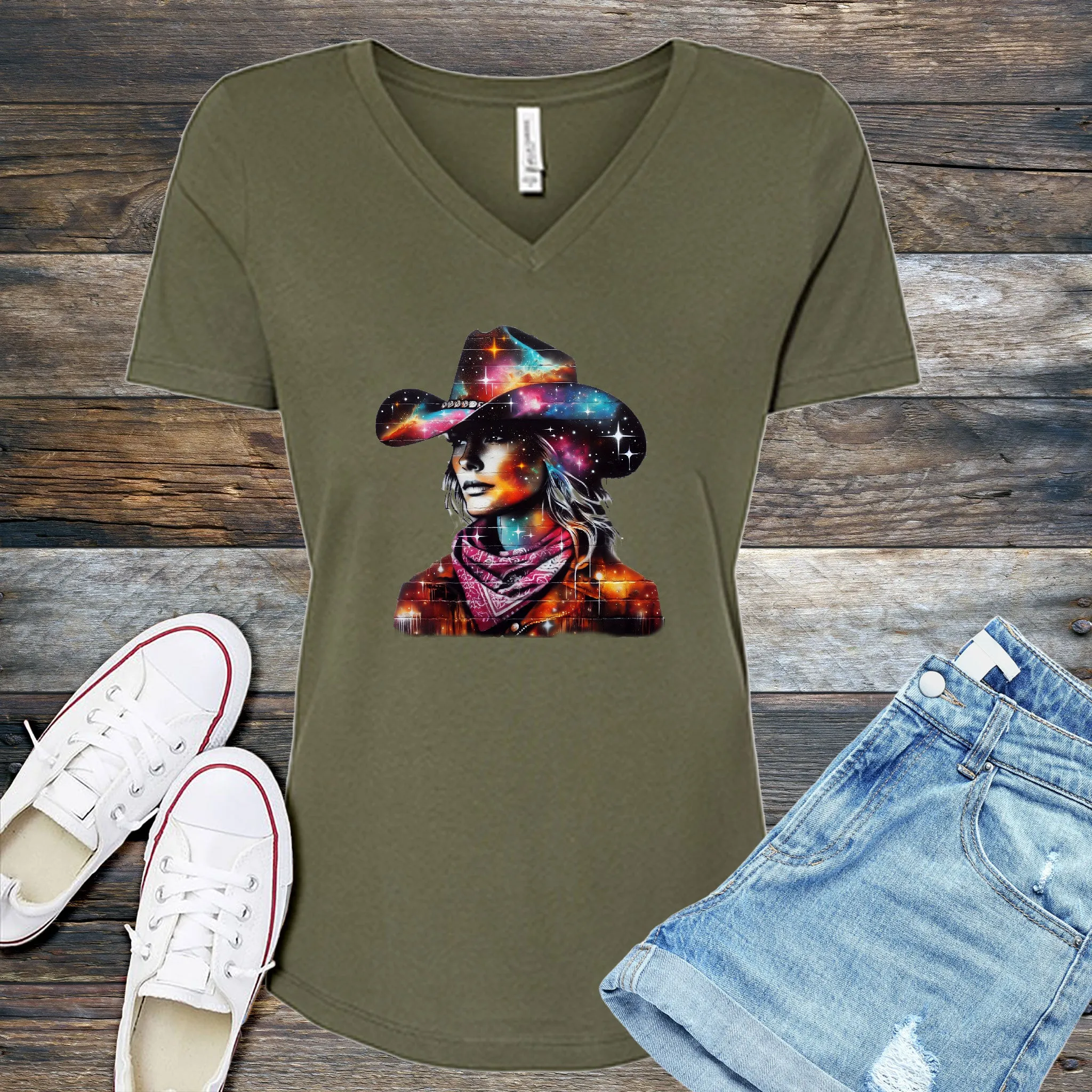 Whimsical Cosmic Cowgirl V-Neck