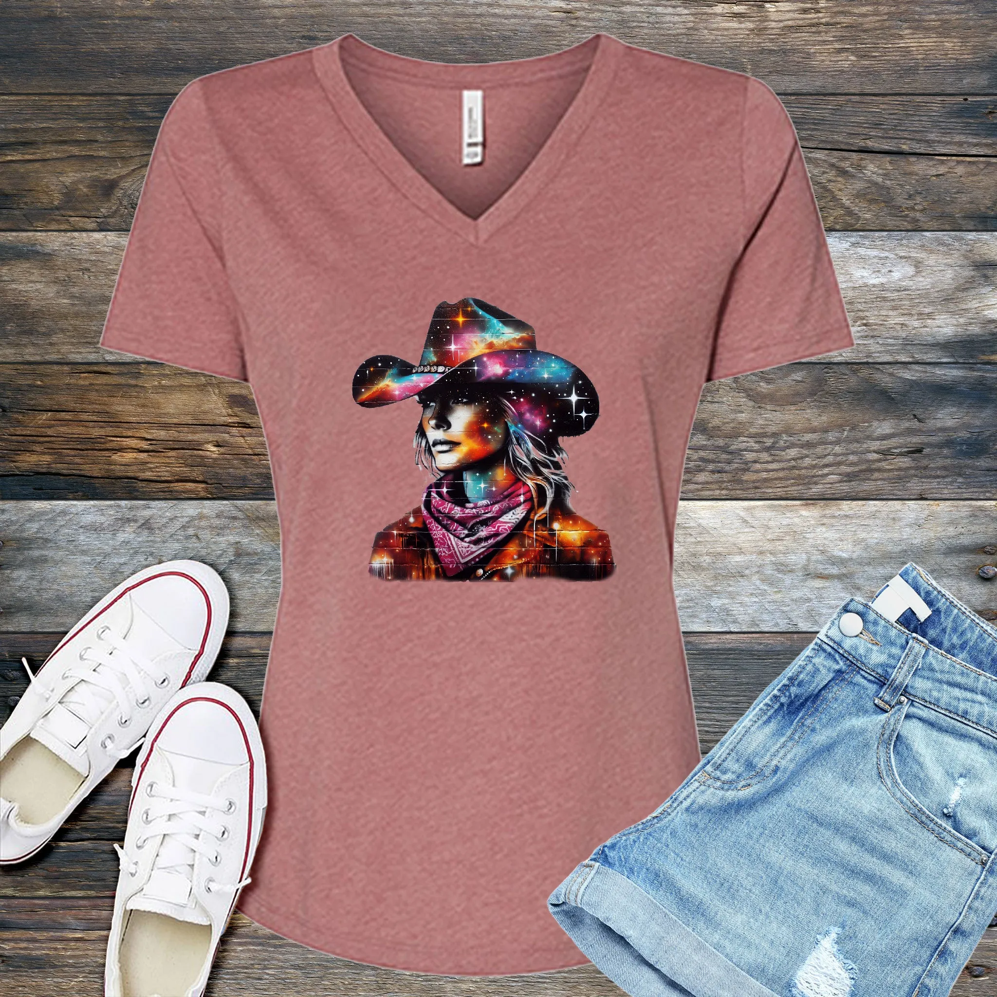 Whimsical Cosmic Cowgirl V-Neck