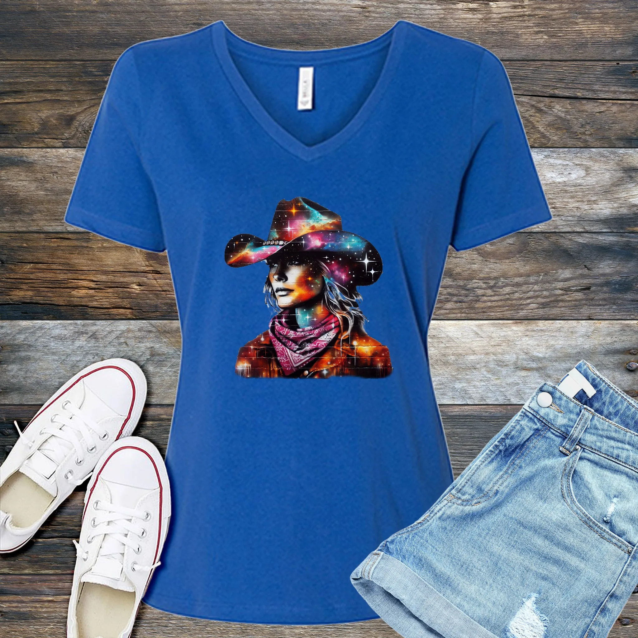 Whimsical Cosmic Cowgirl V-Neck