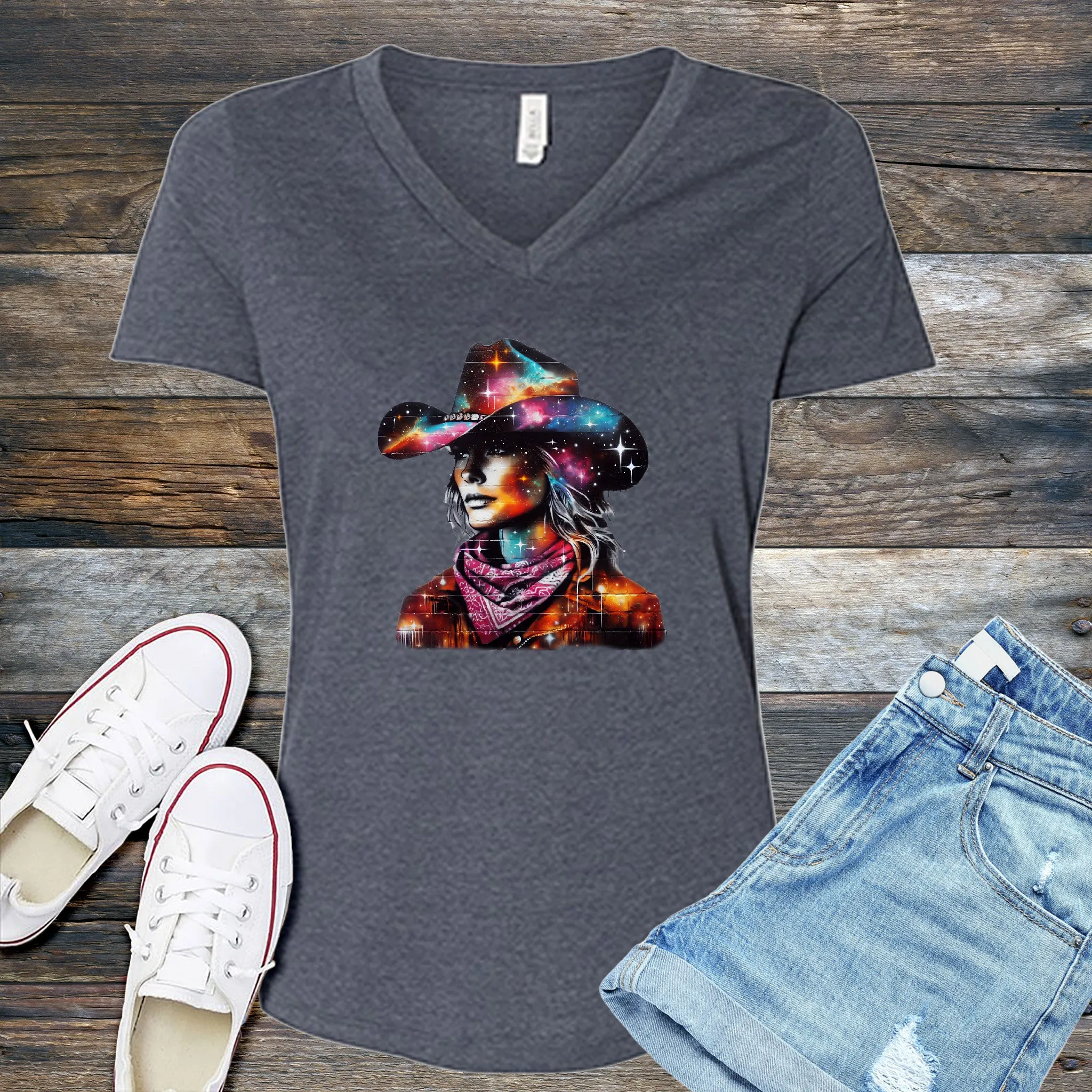 Whimsical Cosmic Cowgirl V-Neck