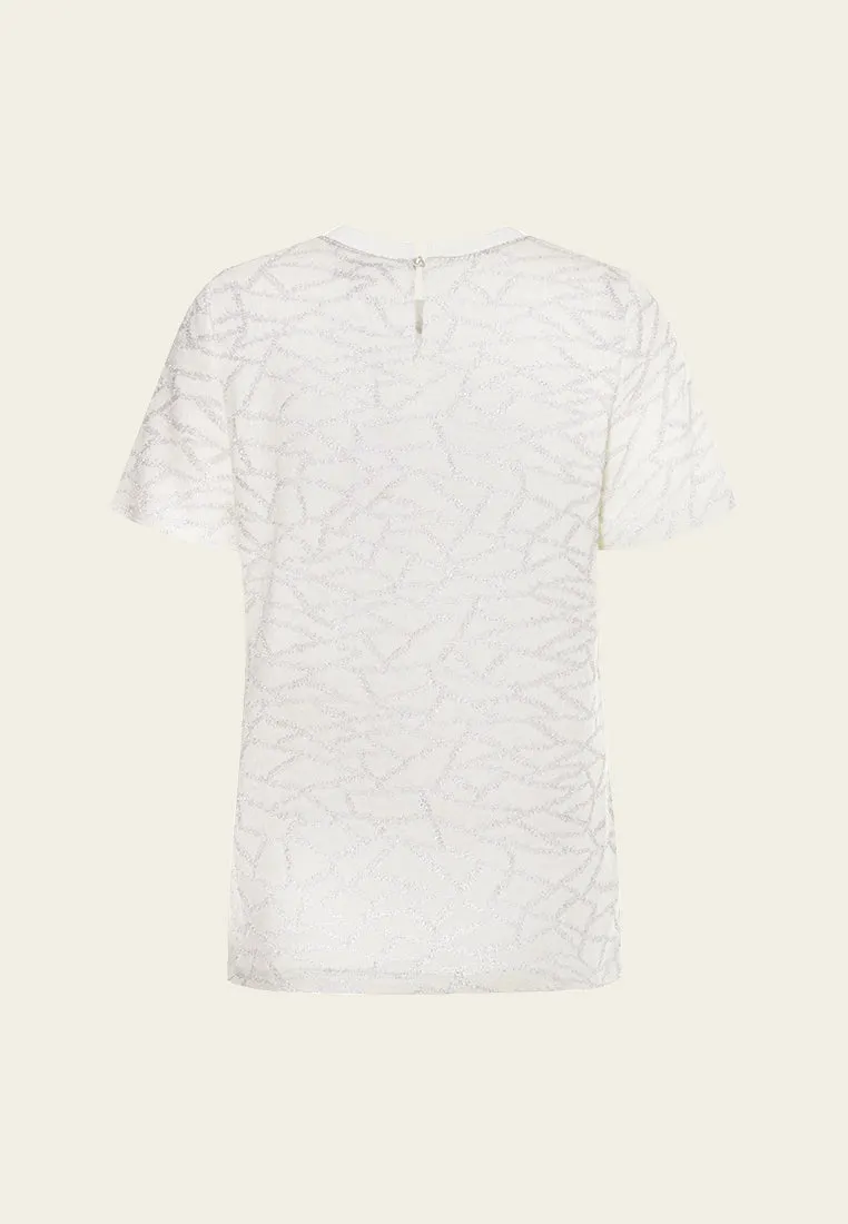White Metallic Knit Short Sleeves Top