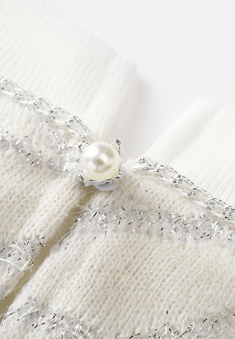 White Metallic Knit Short Sleeves Top