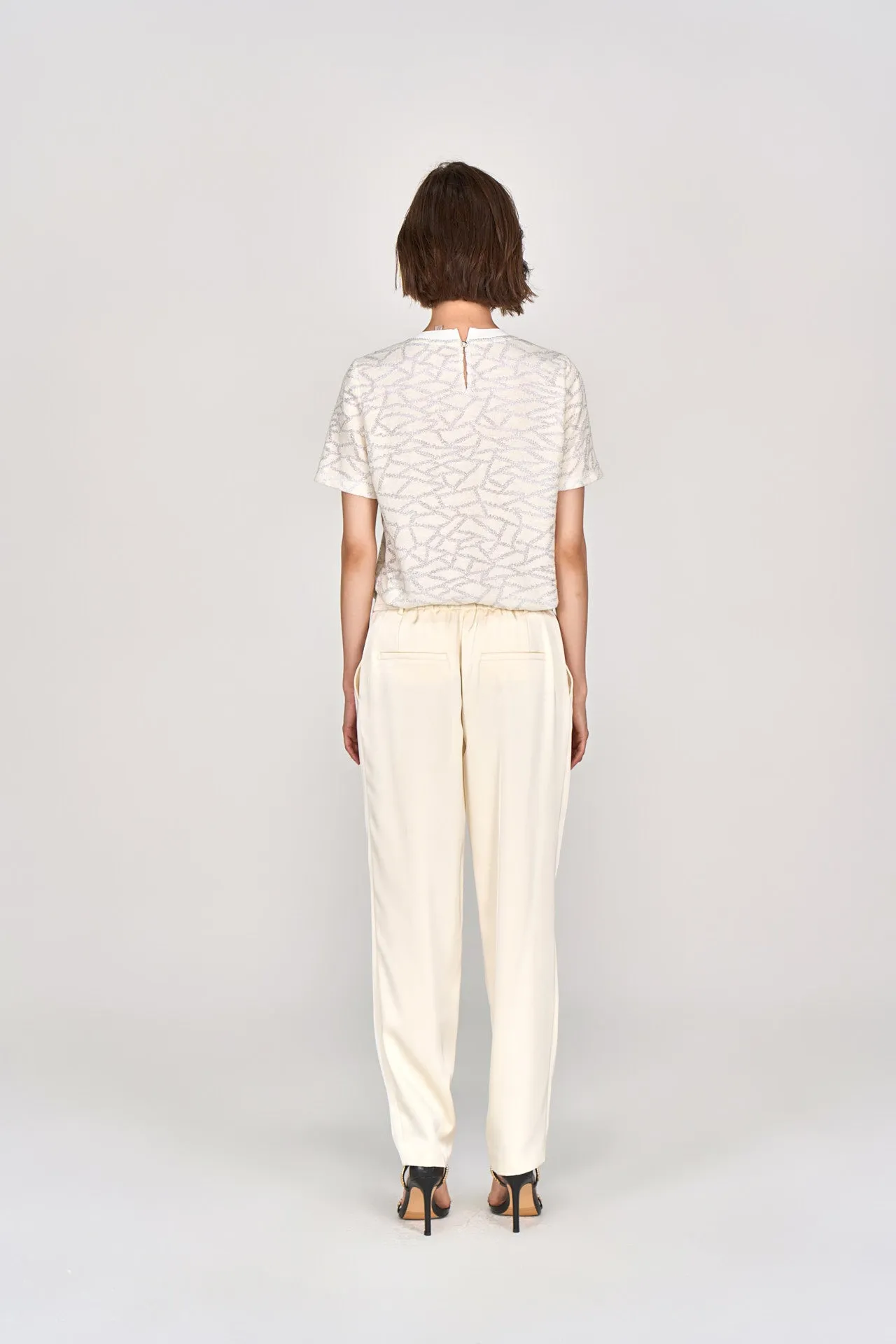 White Metallic Knit Short Sleeves Top